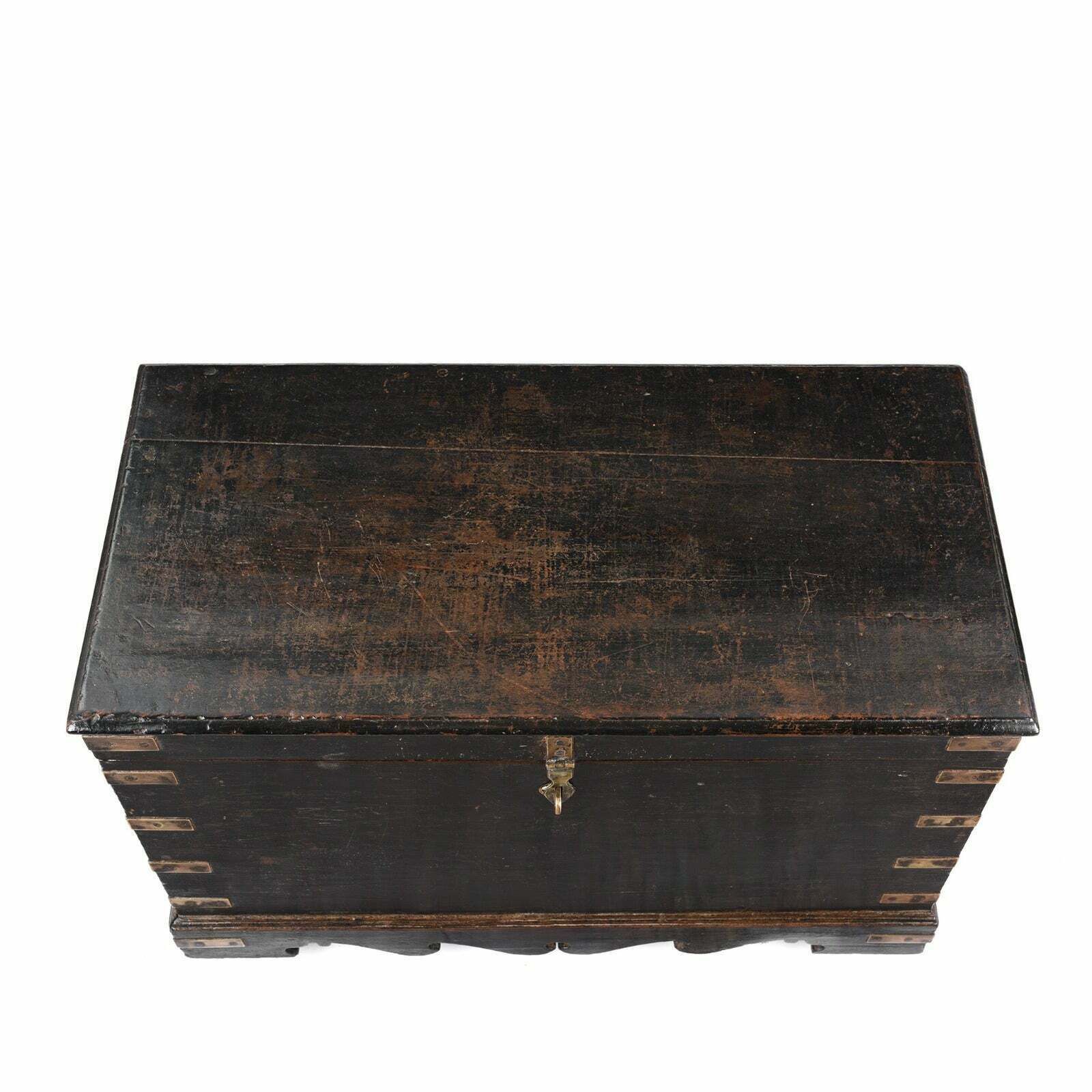 Antique Indian Black Painted Military Chest, 19th Century photo for sale