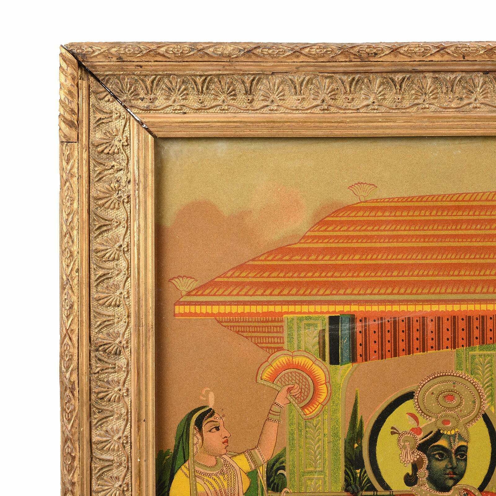 Antique Indian Framed Krishna & Radha Indian Chromolithograph, Ca 1910 photo furniture