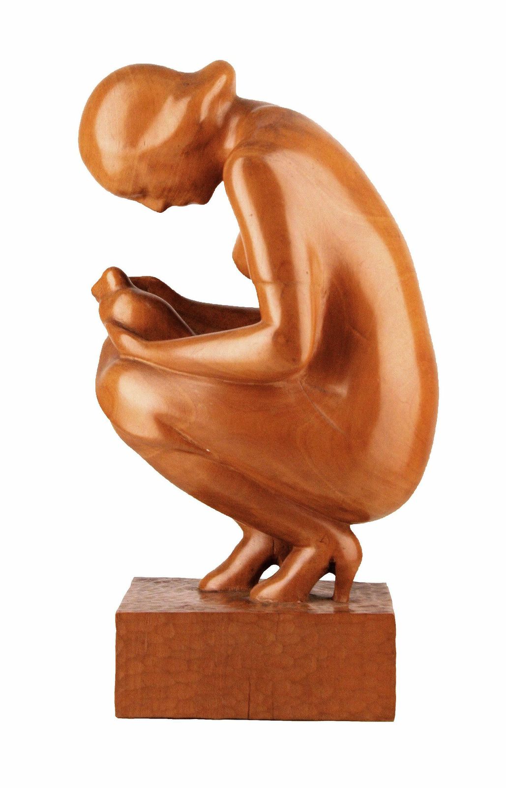 Mid 20th Century Varnished Wood Sculpture Of Crouched Lady By Spanish Author Godofredo Paino photo Art