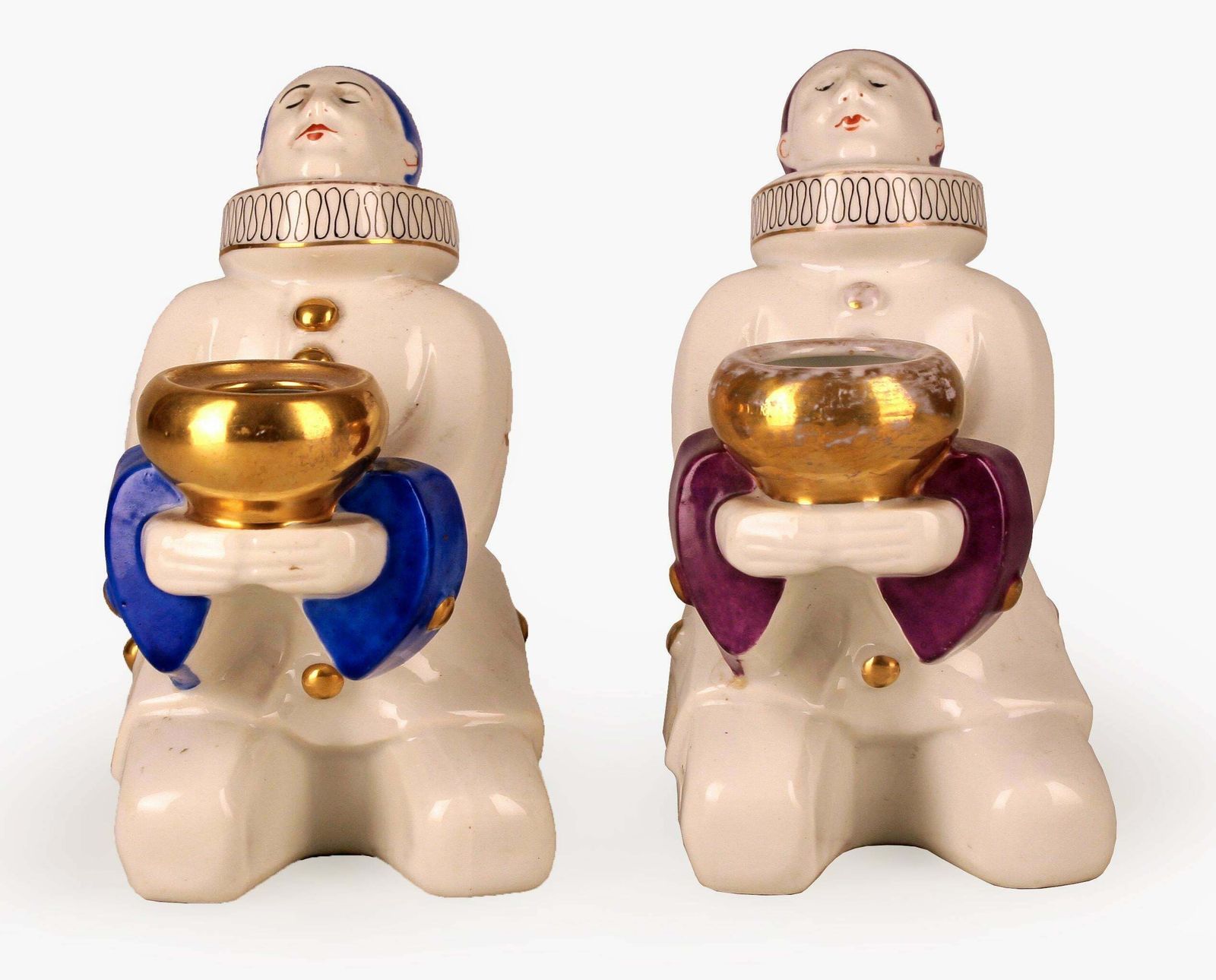 Pair Of French Art Déco Hand Painted And Glazed Ceramic Pierrot Sculptures/Perfume Lamps Designed By Aladin For Robj photo for sale