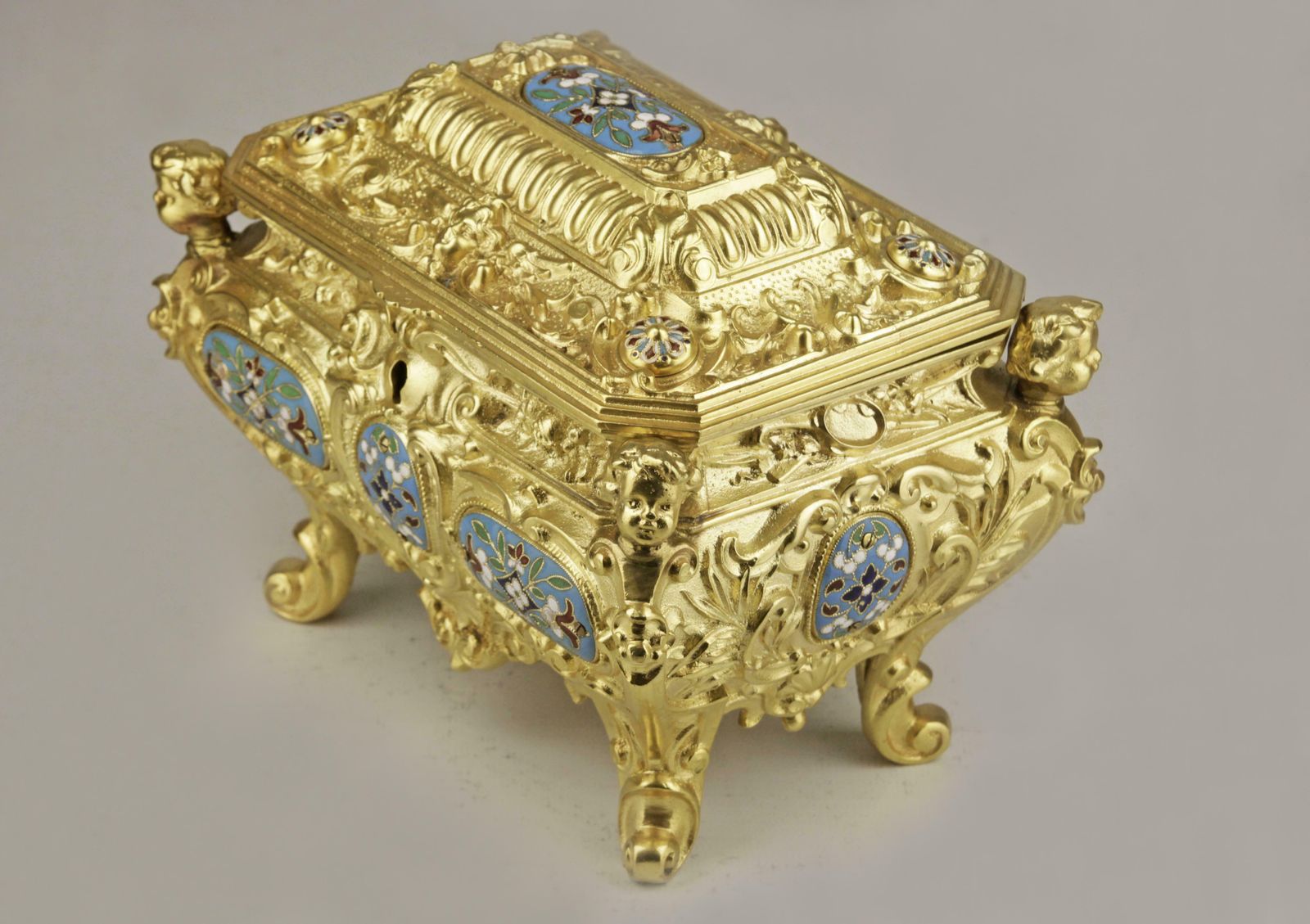 19th Century French Empire Cloisonne Bronze Jewelry Casket With Blue Velvet Interior photo Home Decor