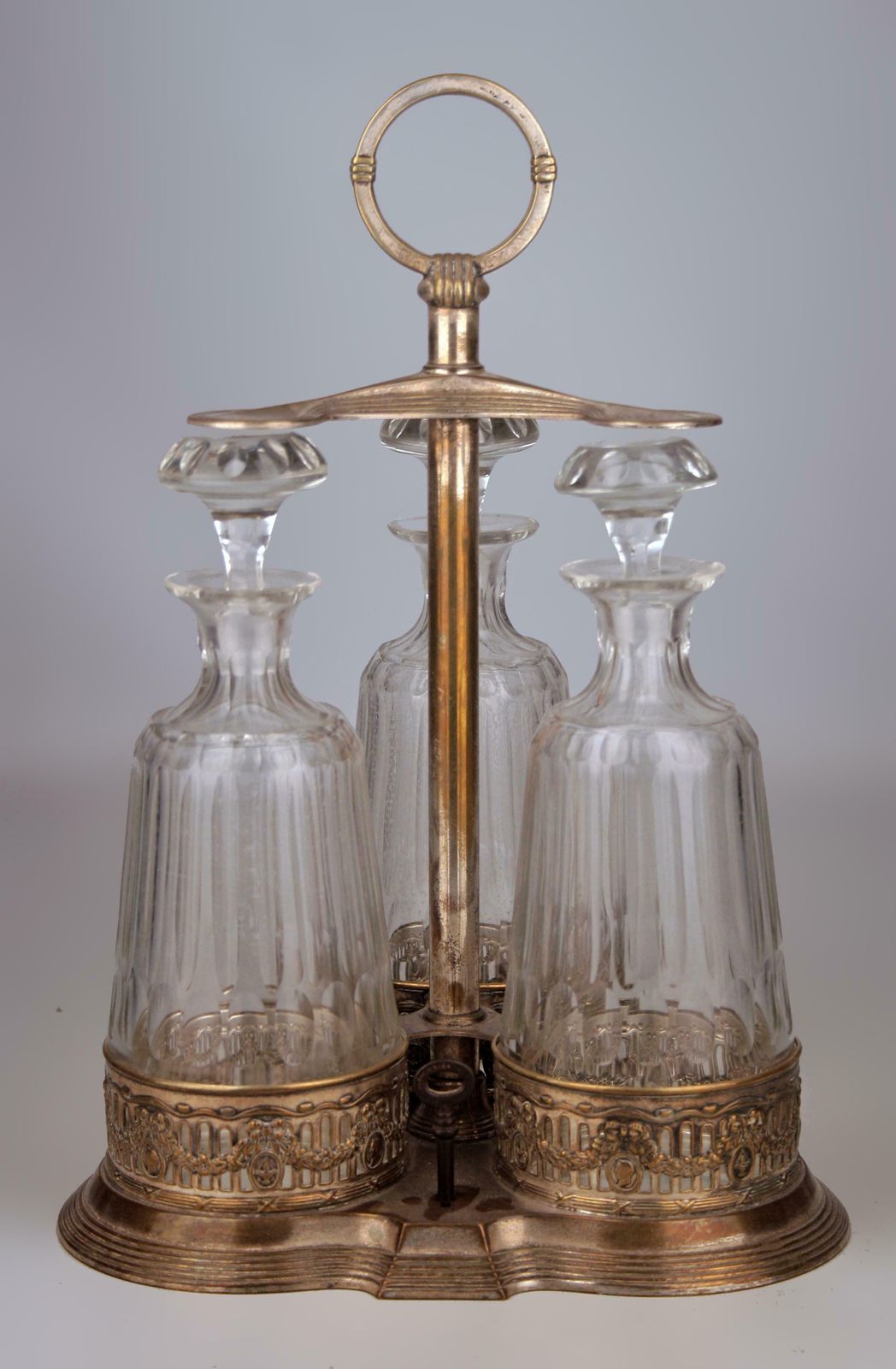 Jugendstil/Art Nouveau Set Of Silver Tantalus And Three Glass Decanters With Stoppers By German Company Württembergische Metallwarenfabrik (Wmf) photo for sale
