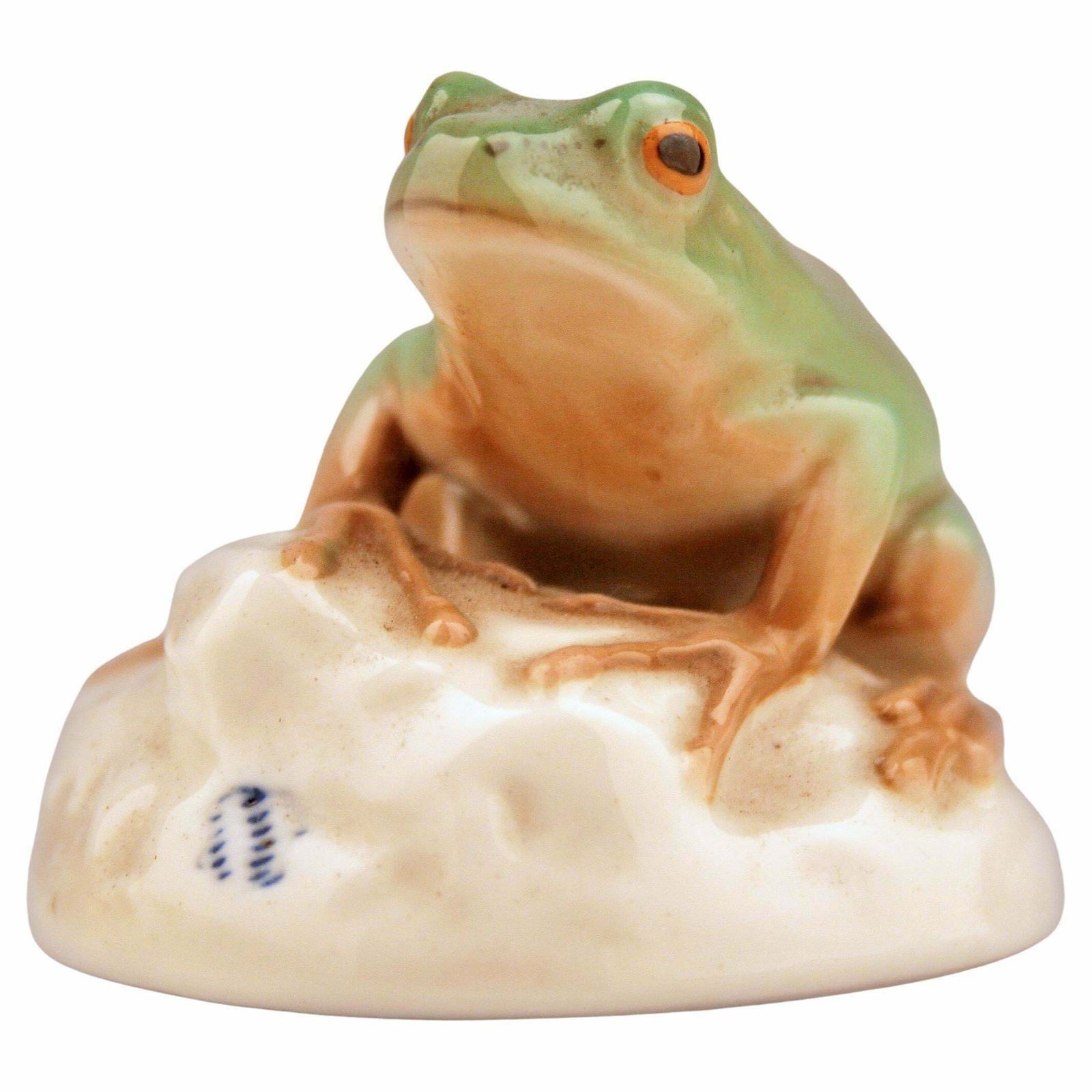 Mid 20th Century Modern German Glazed And Painted Porcelain Frog Sitting On A Rock By Manufacturer Nymphenburg