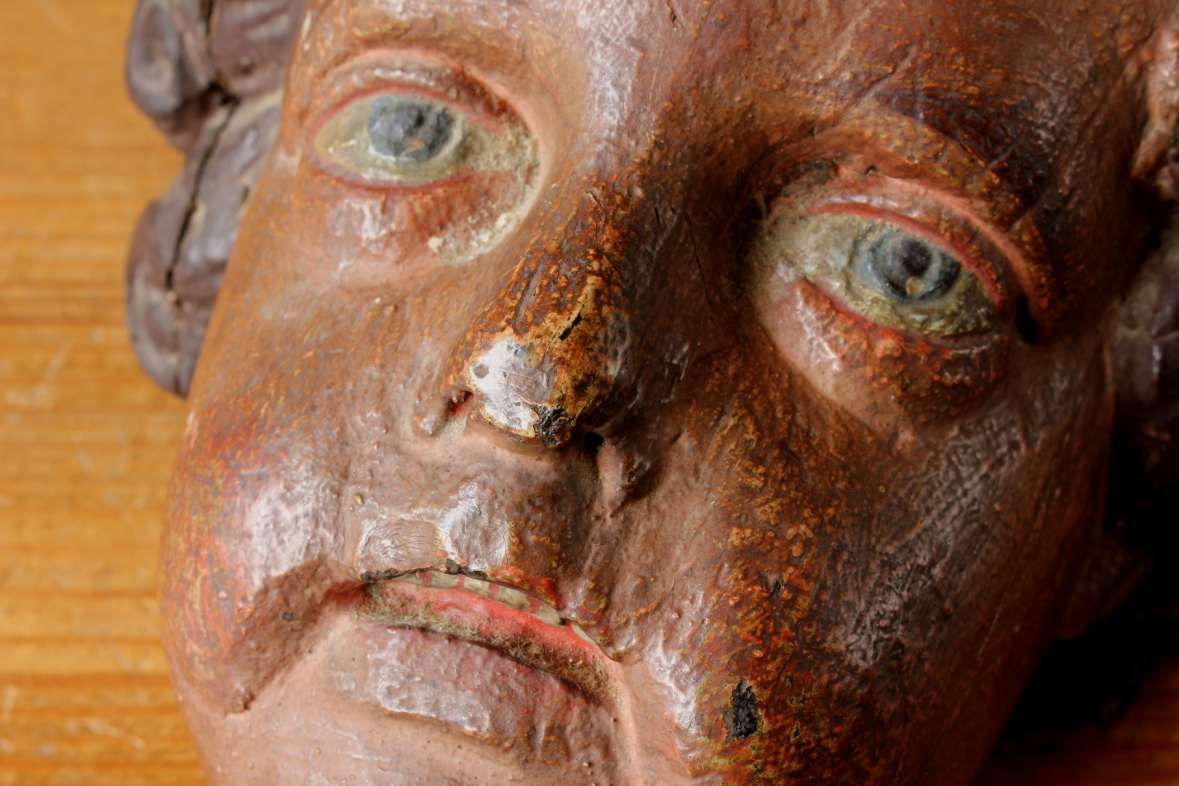 Carved Wood Polychrome Cherub Head. 18th Century French Putti Statue. photo buy
