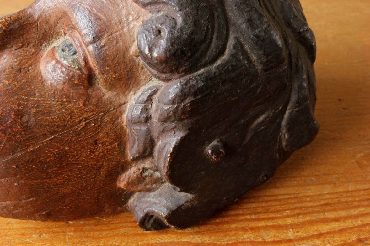 photo for sale Carved Wood Polychrome Cherub Head. 18th Century French Putti Statue.
