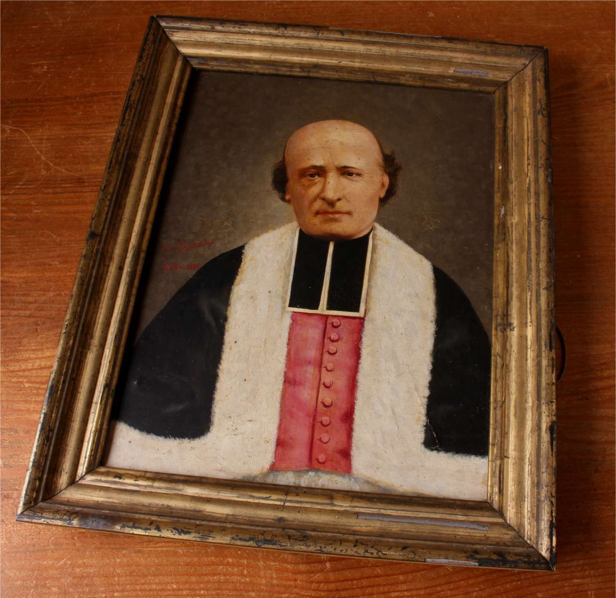French Priest Oil Painting. Framed Religious Man Portrait. Lyon 1888. photo for sale