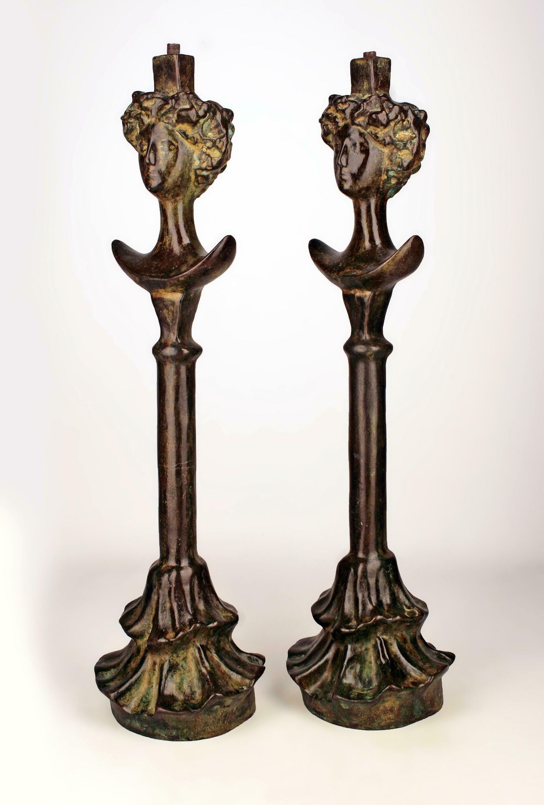 Set Of Expressionist Patinated Bronze Table Lamp Bases After Giacometti's 'Tête De Femme' Cast By Excalibur Foundry From The Rockefeller Collection photo for sale