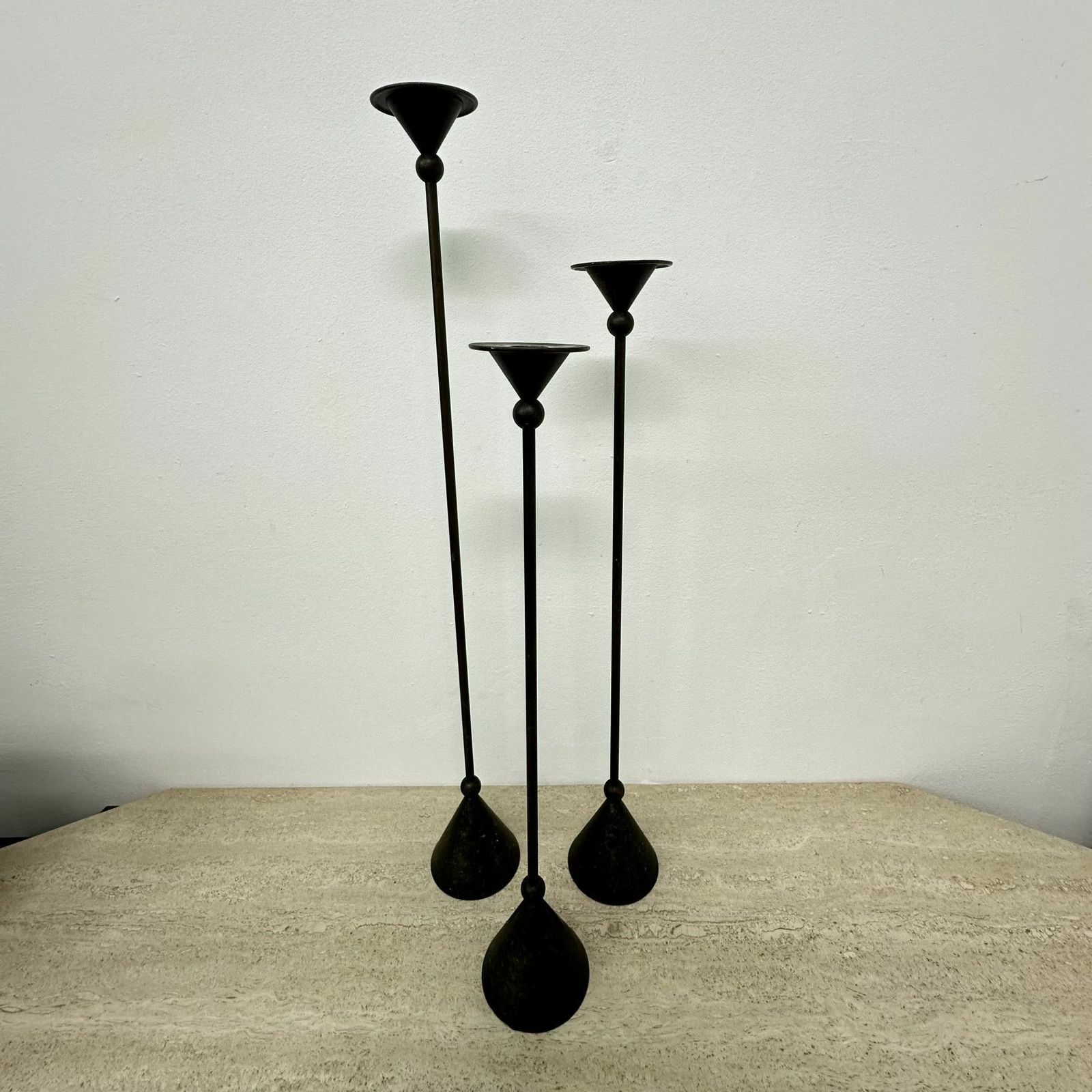 Set Of 3 Bronze Memphis Style Candle Holders , 1980s photo for sale