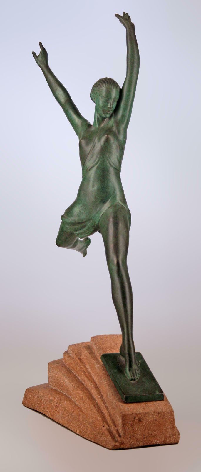 'Olimpia': Art Déco French Spelter Sculpture With Stone Base By Pierre Le Faguays (Fayral) For Max Le Verrier photo for sale