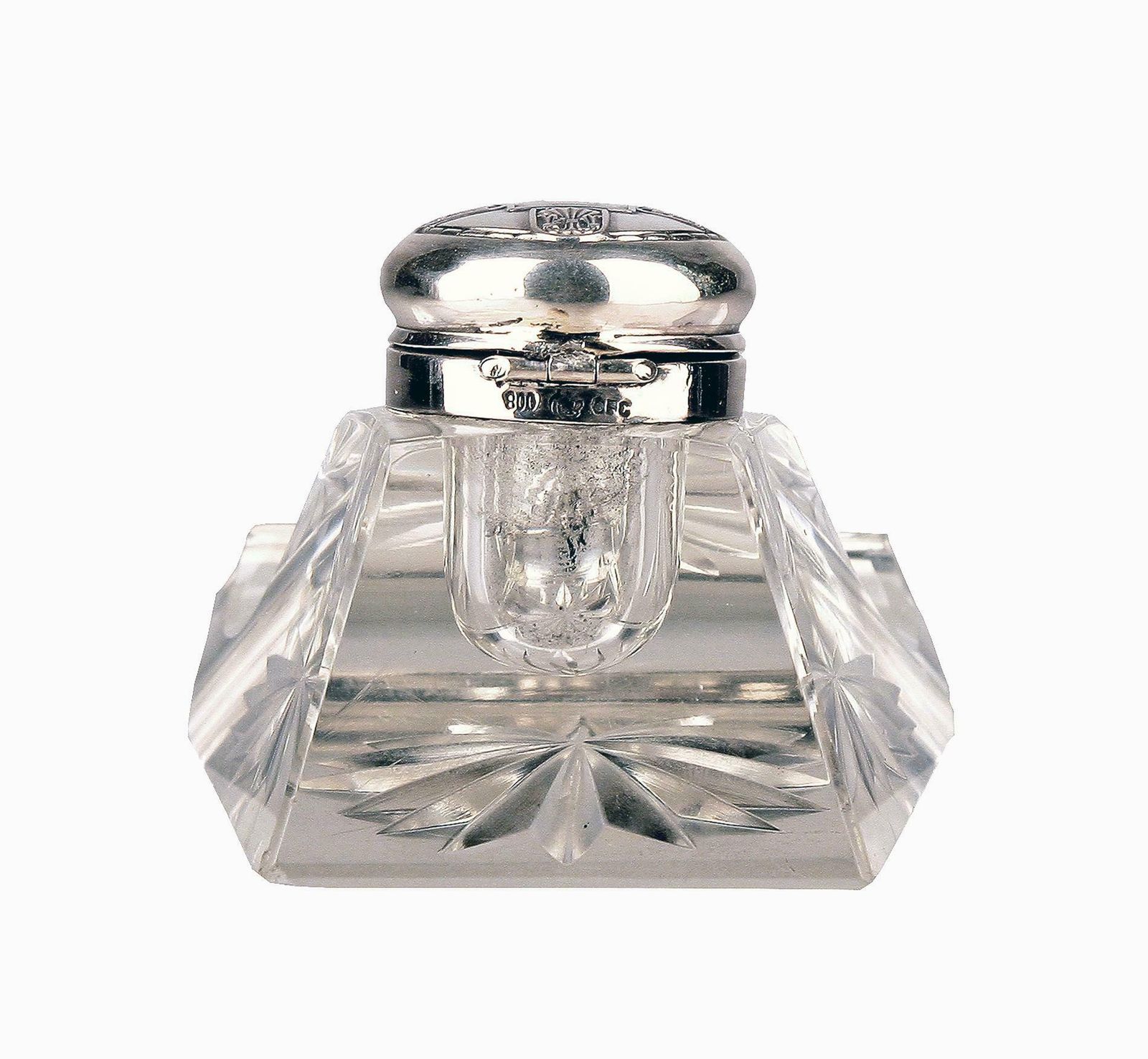 Late 19th Century Jugendstil German Cut Glass Crystal Inkwell With Polished 800 Silver Lid photo Home Decor