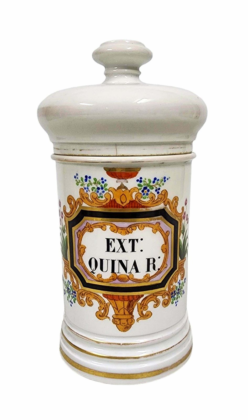 Mid 19th Century French Glazed Porcelain Apothecary/Pharmaceutical Jar With Lid  'Ext: Quina R:' photo furniture