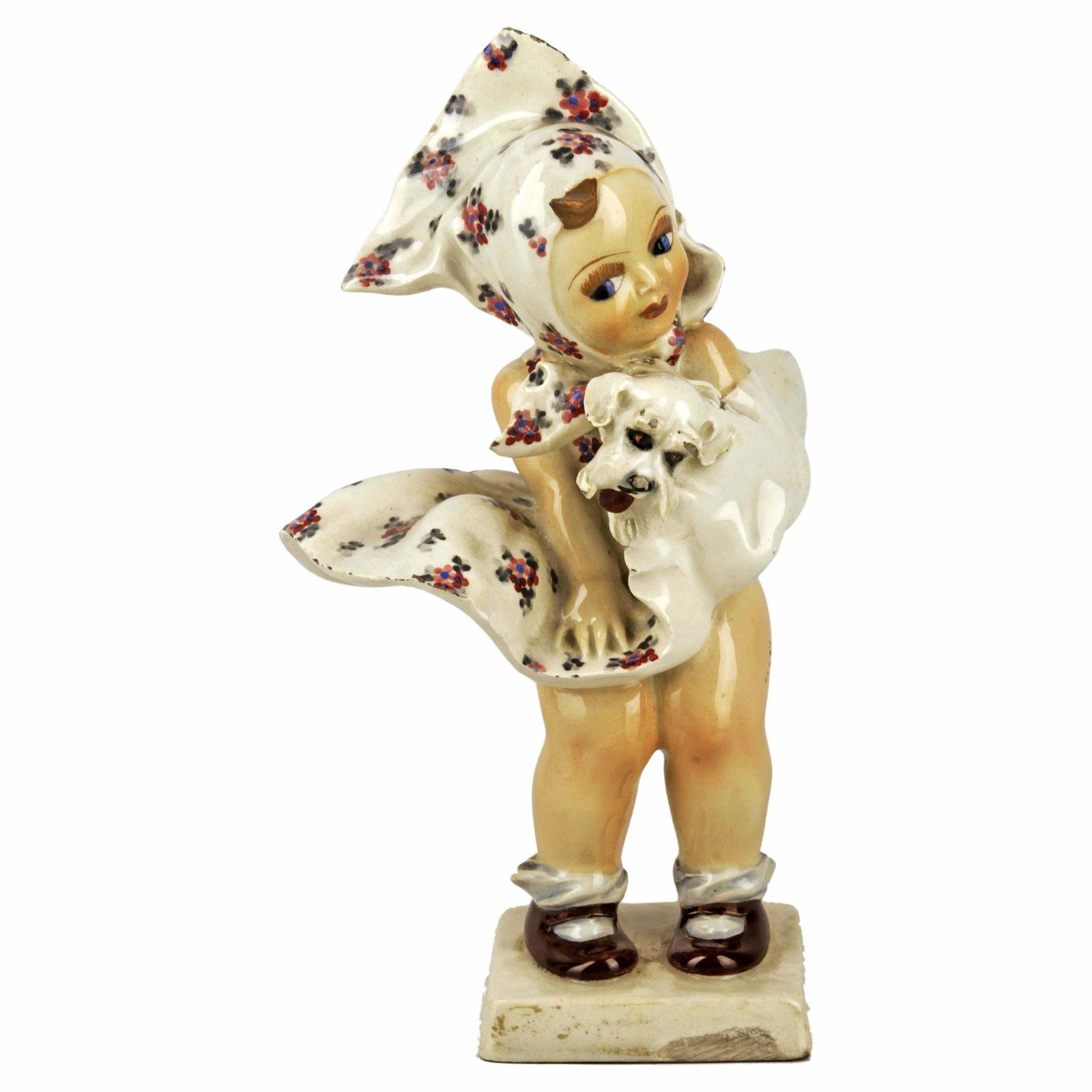 1950s Italian Torino Hand Painted Glazed Ceramic Sculpture Of A Girl With Dress And Dog Signed By C. Mollica