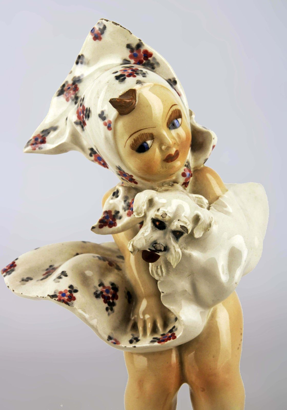 1950s Italian Torino Hand Painted Glazed Ceramic Sculpture Of A Girl With Dress And Dog Signed By C. Mollica photo 725.0