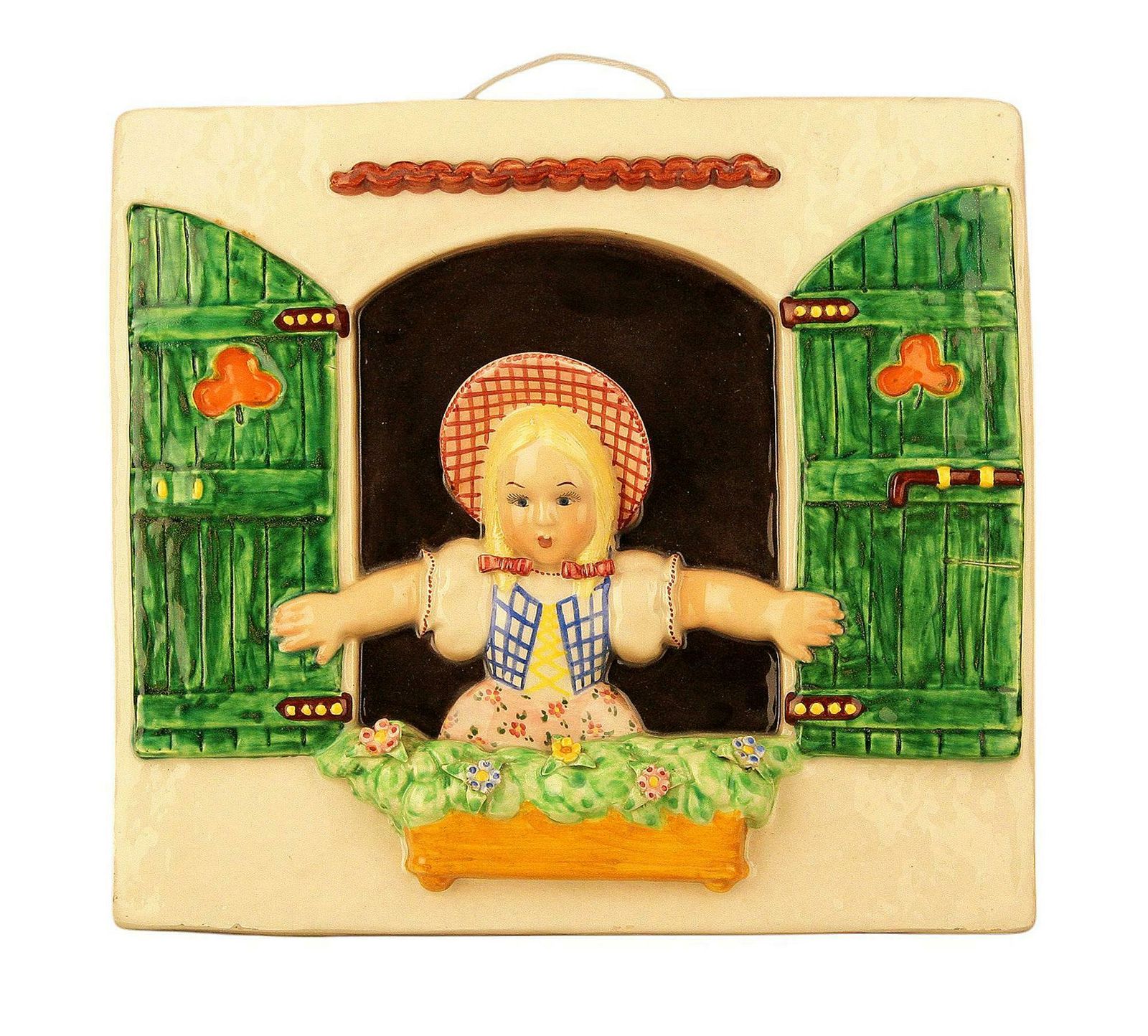 Mid 20th Century Rural Decorative Wall Porcelain Of A Girl Looking Through Window Made By Trevir From Vincenza, Italy photo furniture