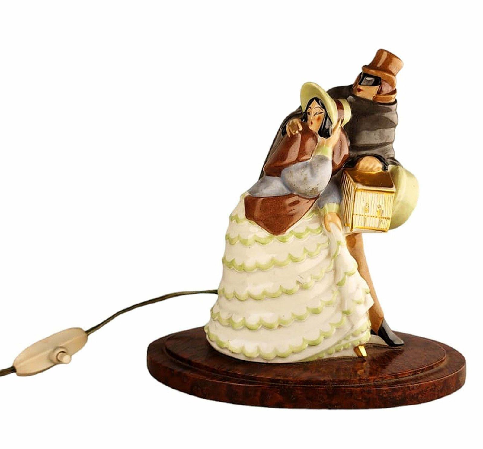 Early 20th Century Art Déco Perfume Lamp Of Dressed Up Lady And Masked Man With Cloak By Argilor From Paris, France photo vinterior