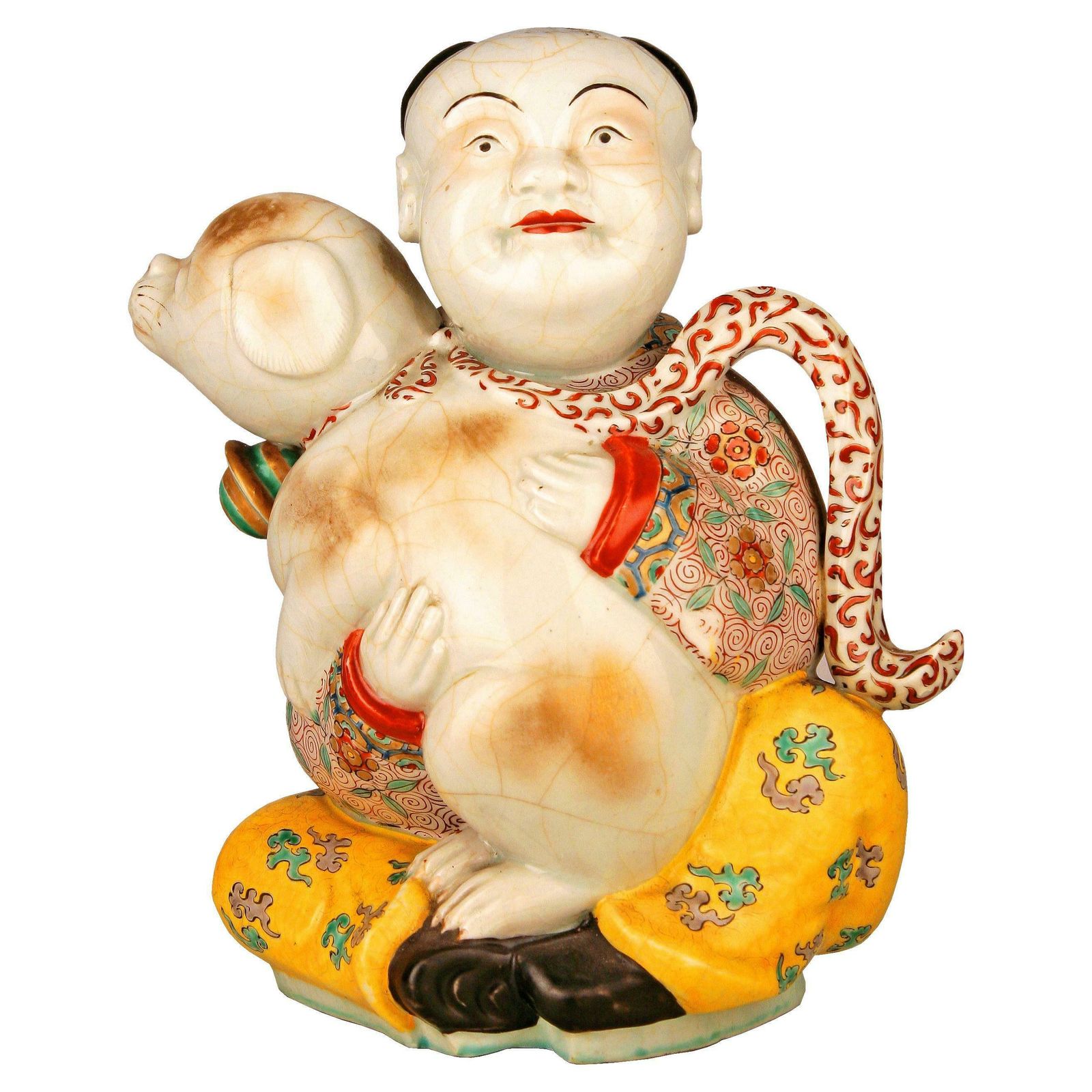 19th Century/Qing Dinasty Hand Painted Glazed Porcelain Sitting Man With Scarf And Dog Figurine