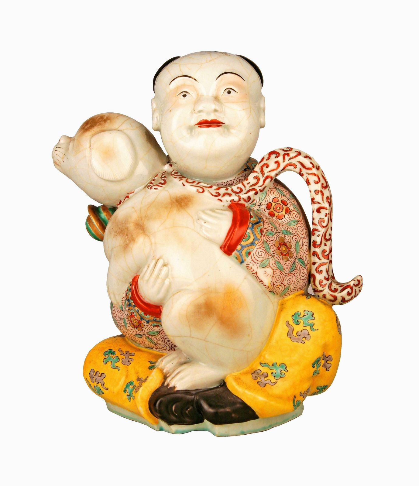 19th Century/Qing Dinasty Hand Painted Glazed Porcelain Sitting Man With Scarf And Dog Figurine photo furniture
