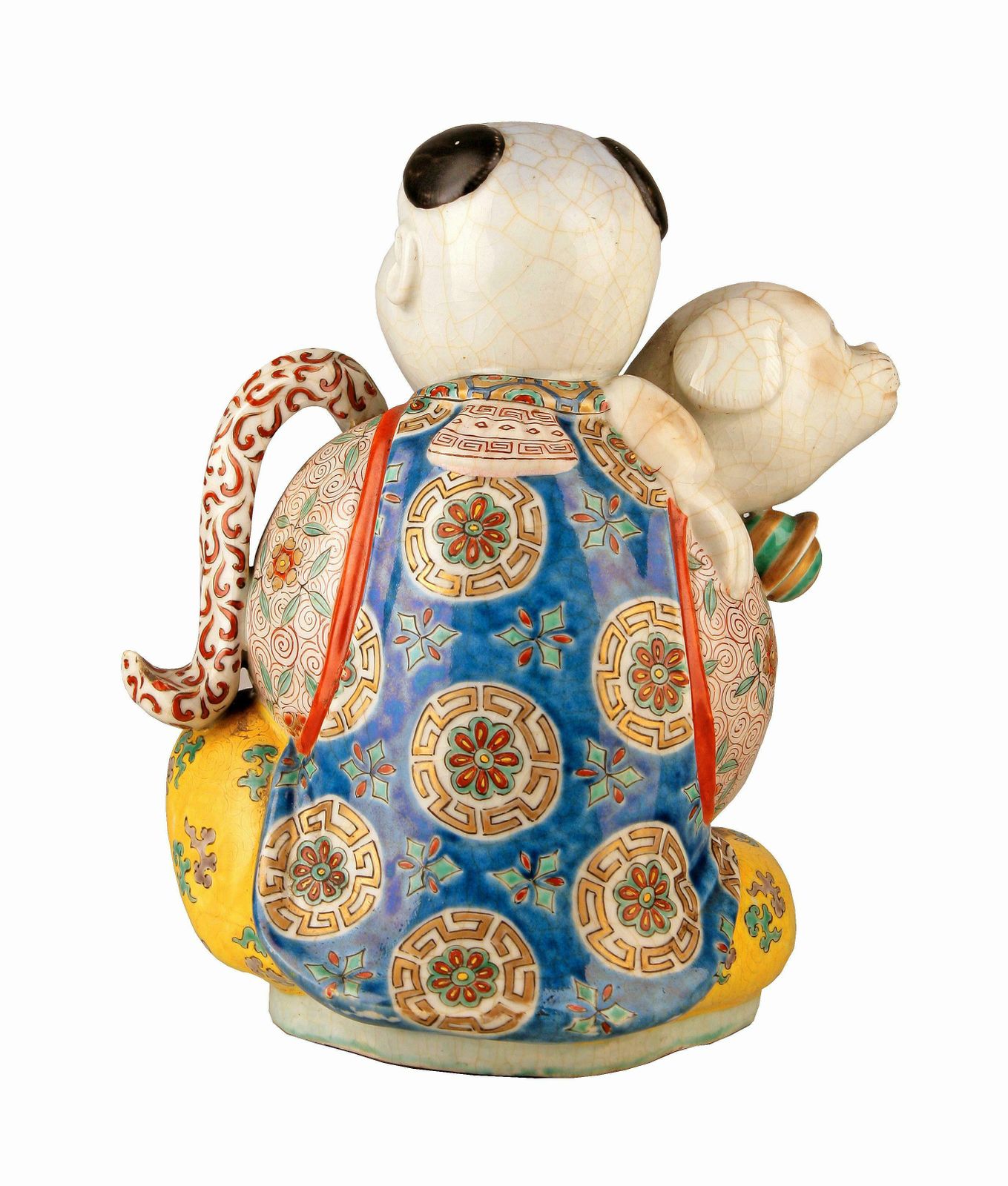 19th Century/Qing Dinasty Hand Painted Glazed Porcelain Sitting Man With Scarf And Dog Figurine photo Home Decor