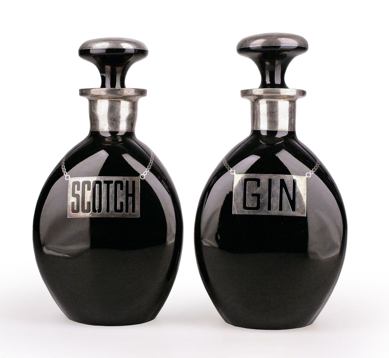 Pair Of Sterling Silver And Glass Art Déco Pinched Black Decanters For Scotch And Gin photo furniture
