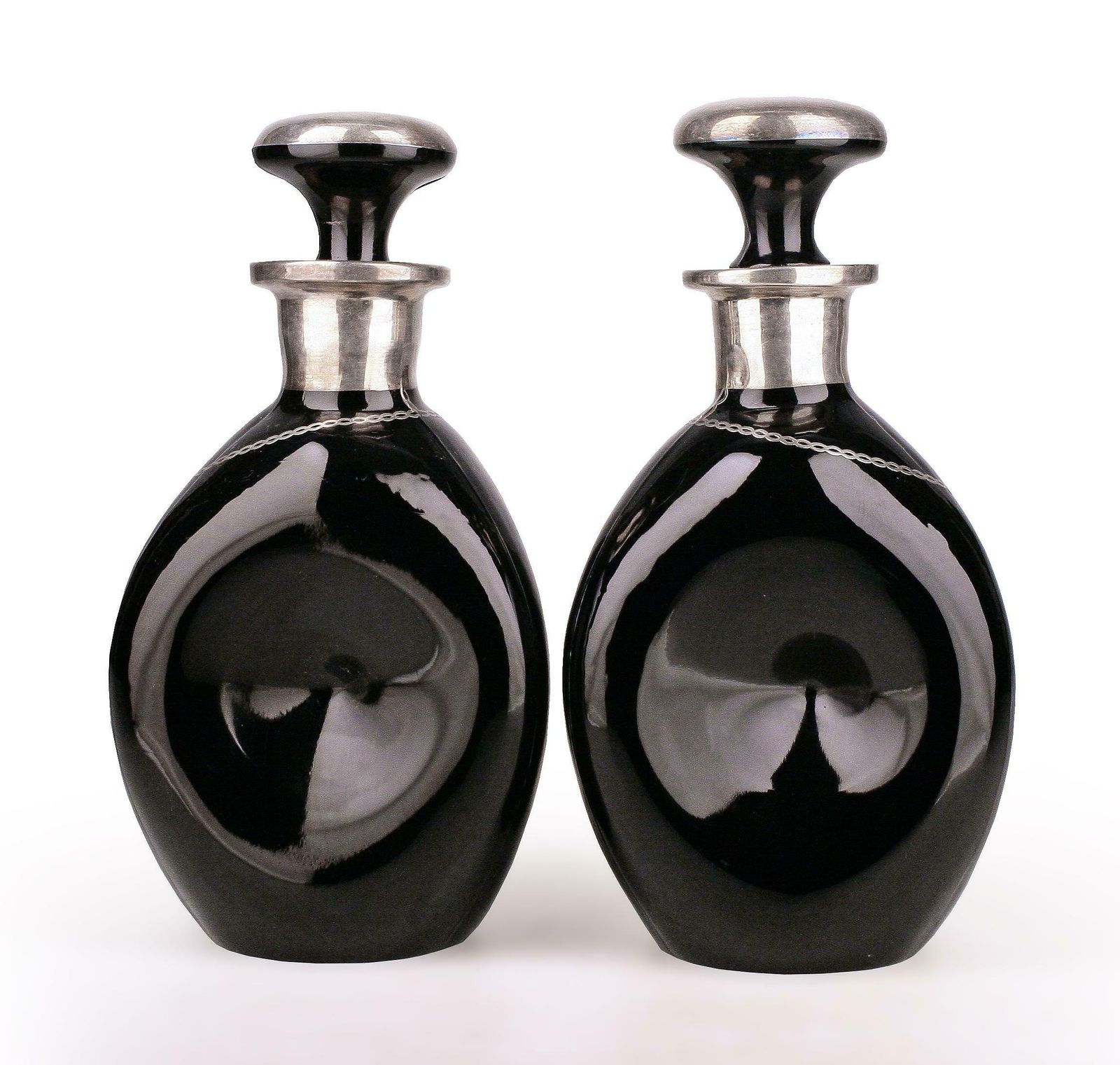 Pair Of Sterling Silver And Glass Art Déco Pinched Black Decanters For Scotch And Gin photo Home Decor