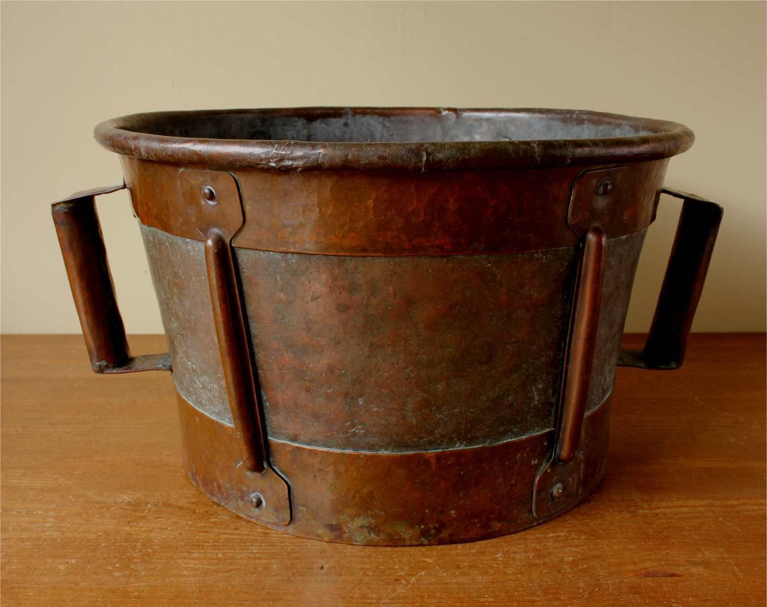 435.0 French Copper Ferrat Grain Measure. 19th Century Metal Planter. Log Bin. photo