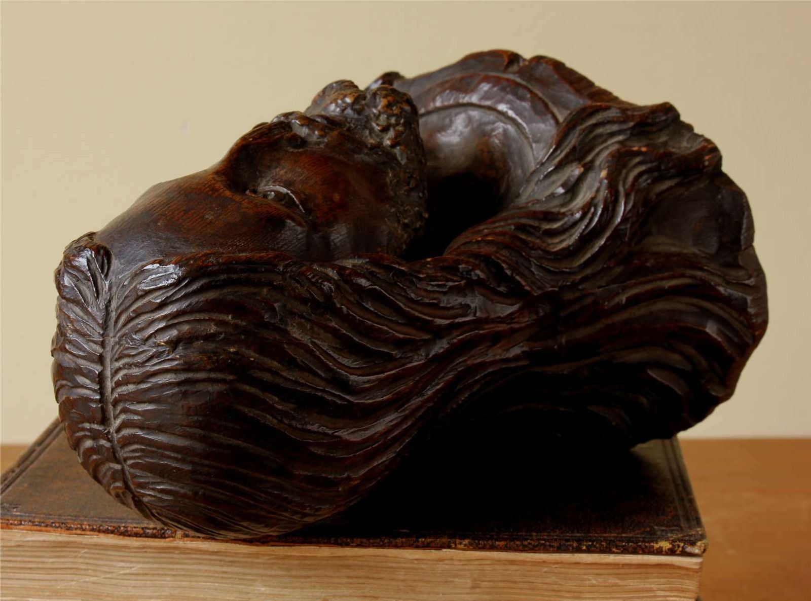 photo for sale Carved Wood Jesus Christ Statue Head. 19th Century Religious Carving.