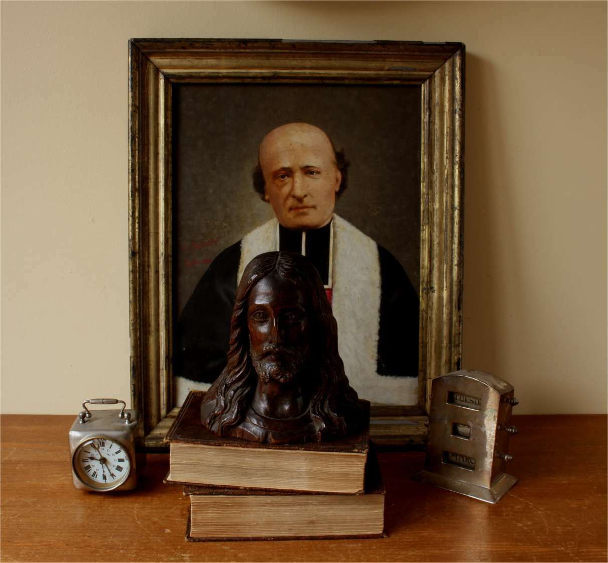 625.0 Carved Wood Jesus Christ Statue Head. 19th Century Religious Carving. photo