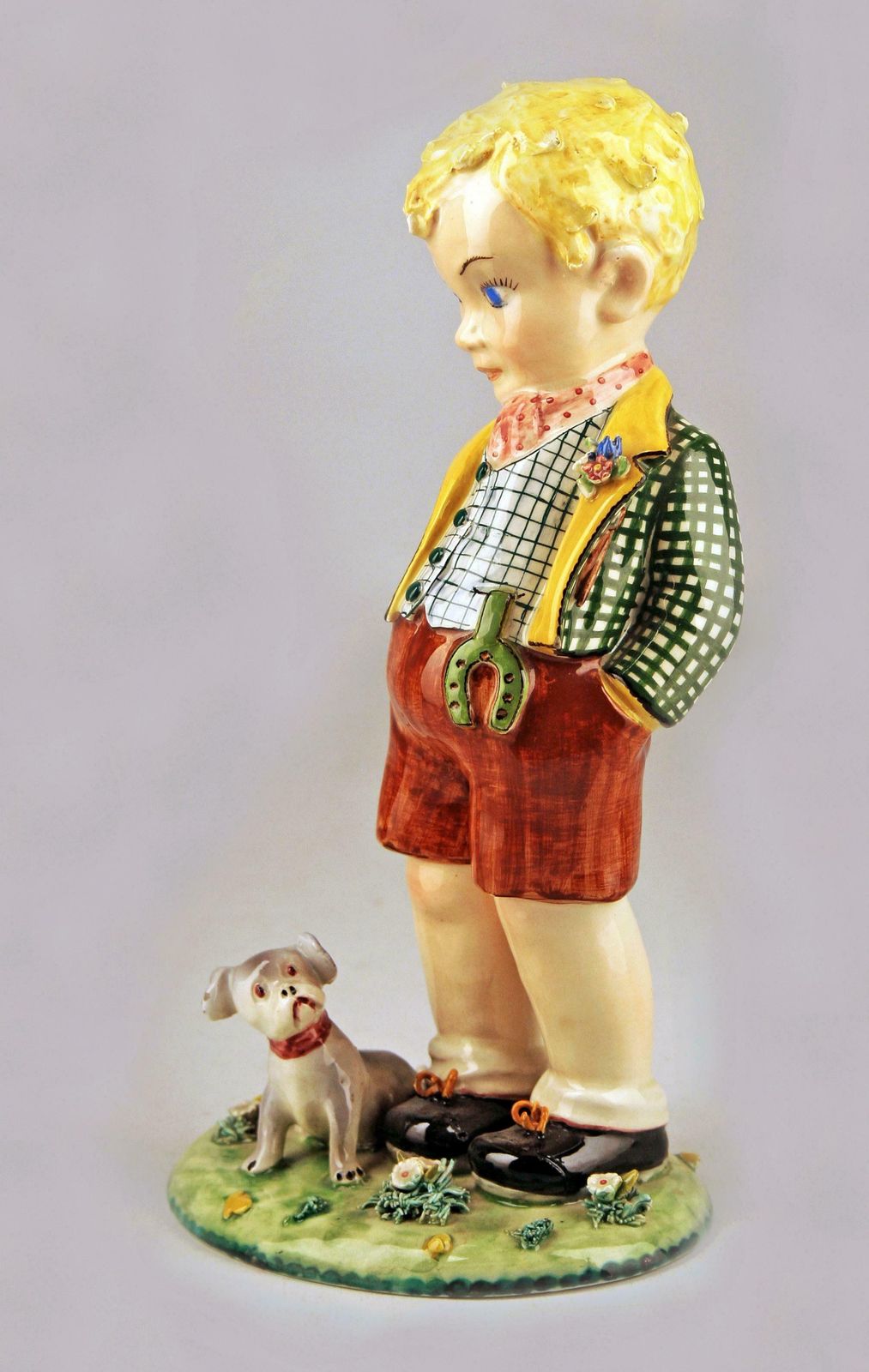 Circa 1920 Art Nouveau Glazed Italian Torino Like Porcelain Figurine Of A Boy And His Dog photo vinterior