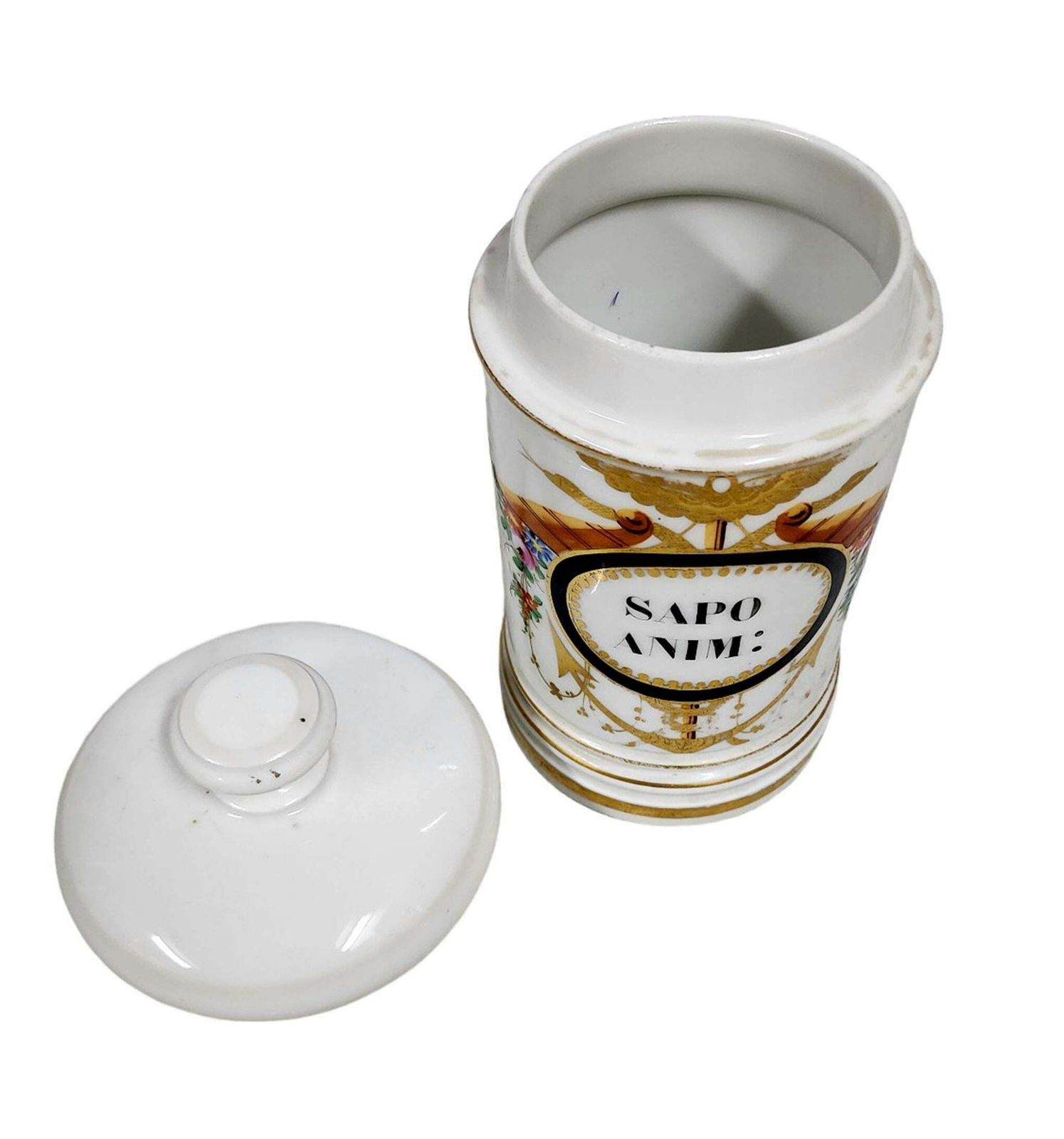 Mid 19th Century French Glazed Porcelain Apothecary/Pharmaceutical Jar With Lid  'Sapo Anim:' photo for sale