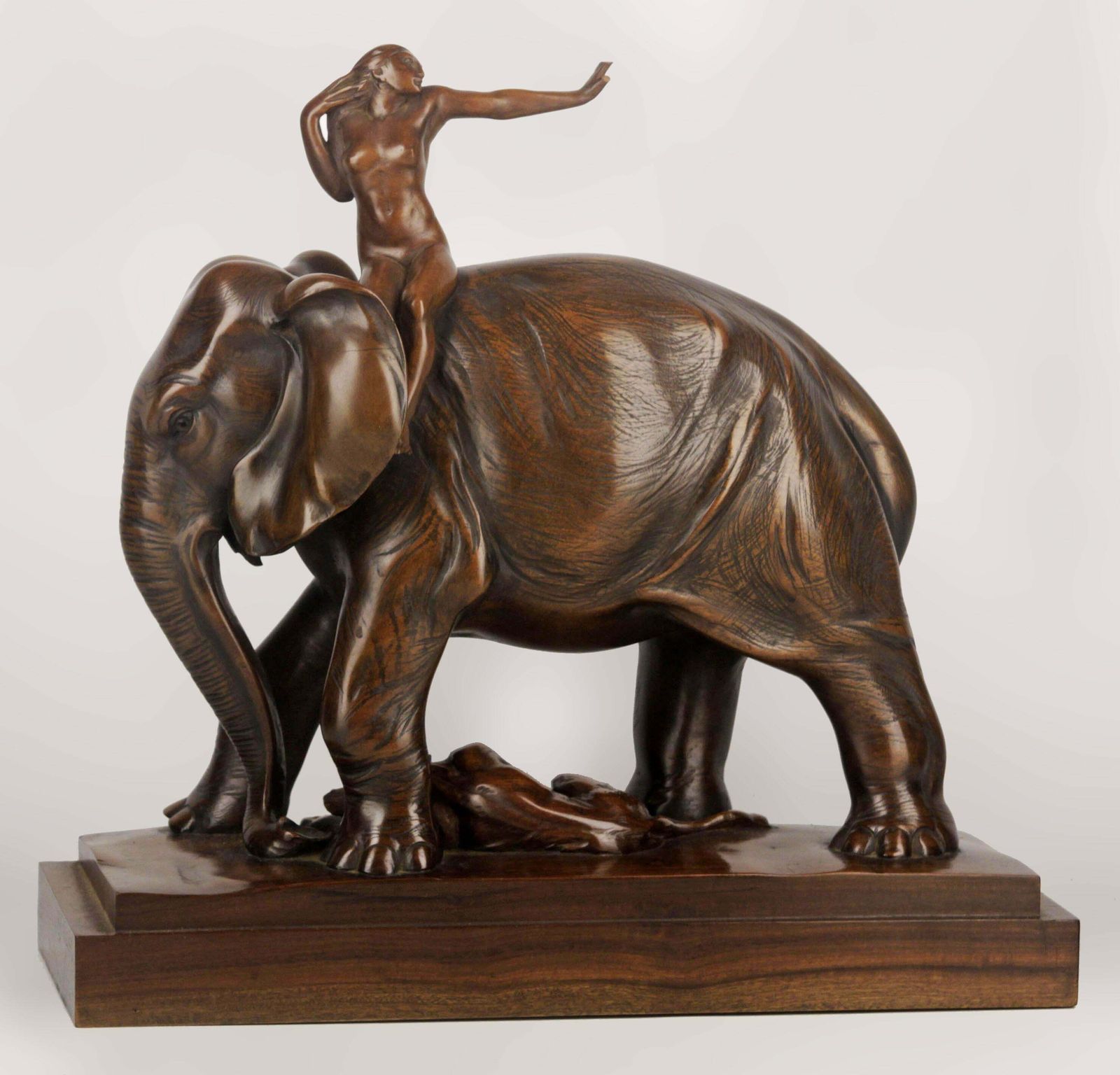 Early 20th Century African Elephant, Tiger And Woman Rider Varnished Wood Sculpture Signed By J. Zanetti photo furniture