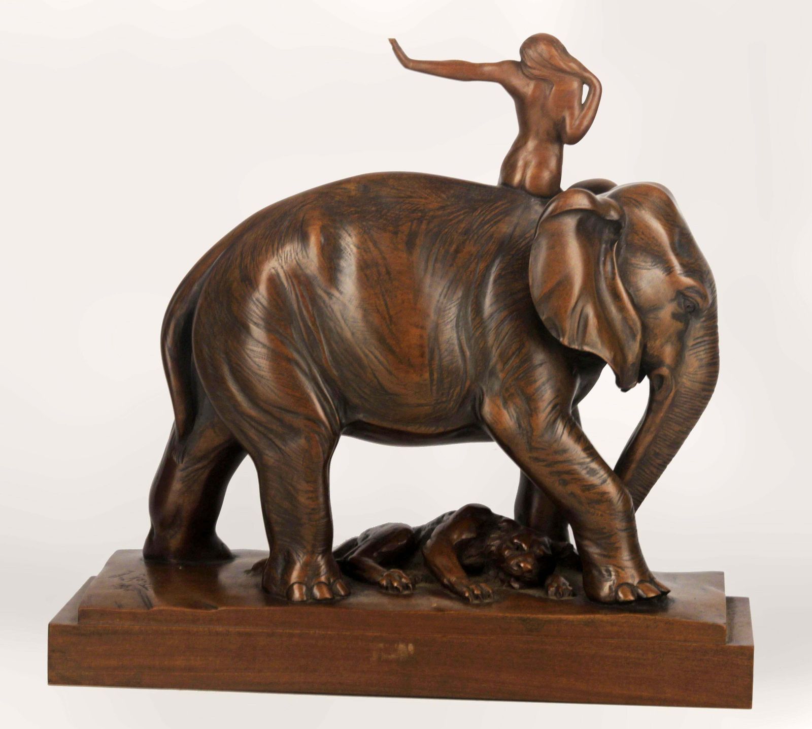 Early 20th Century African Elephant, Tiger And Woman Rider Varnished Wood Sculpture Signed By J. Zanetti photo for sale