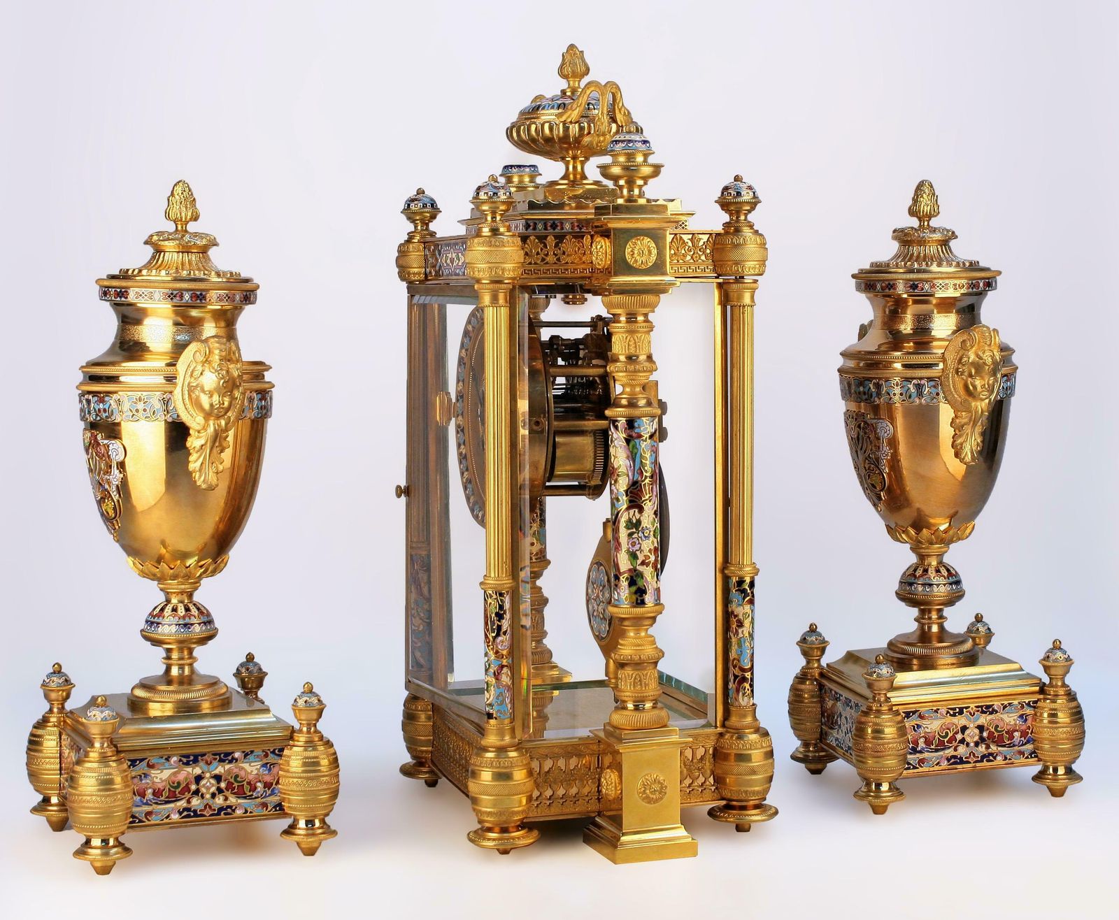 Late 19th Century French Gilt Bronze/Ormolu Cloisonné Champlevé Enameled Mantle Clock Garniture Set By Japy Frères photo for sale