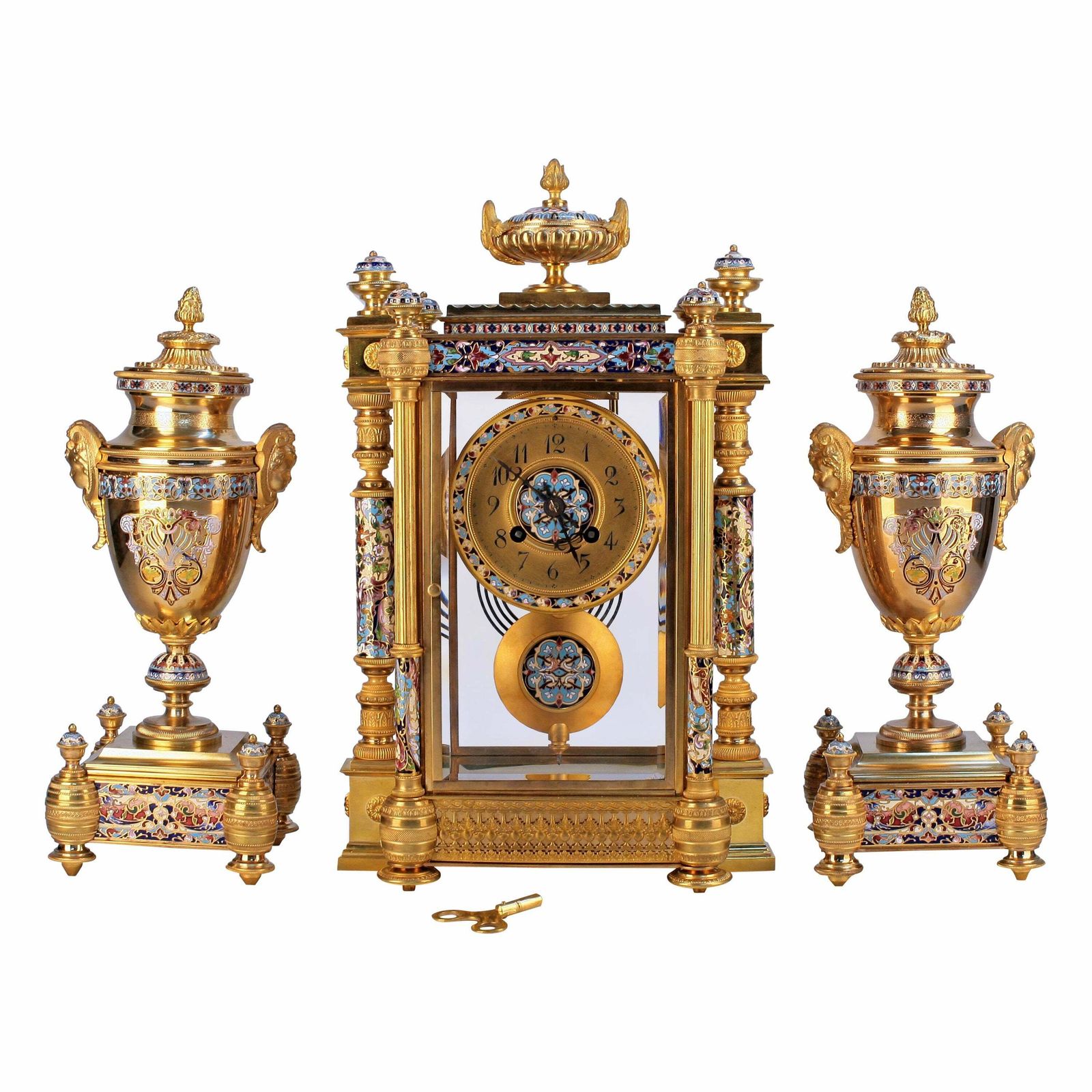 Late 19th Century French Gilt Bronze/Ormolu Cloisonné Champlevé Enameled Mantle Clock Garniture Set By Japy Frères photo vintage