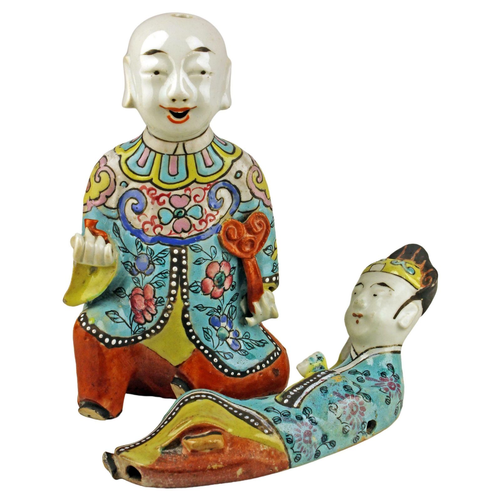 Pair Of Mid 19th Century/Qing Dinasty Enameled Chinese Porcelain Figurines Depicting A Laughing Boy Kneeling And Another Lying Down