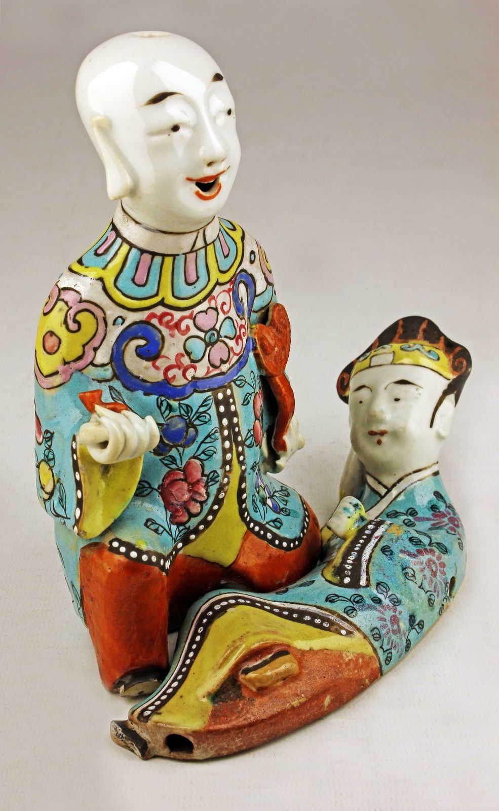 1825.0 Pair Of Mid 19th Century/Qing Dinasty Enameled Chinese Porcelain Figurines Depicting A Laughing Boy Kneeling And Another Lying Down photo