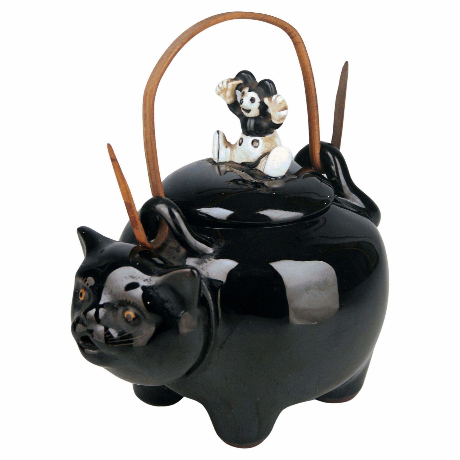 20th Century/Shōwa Era Japanese Glazed Porcelain Teapot Of Black Cat With Mouse Lid