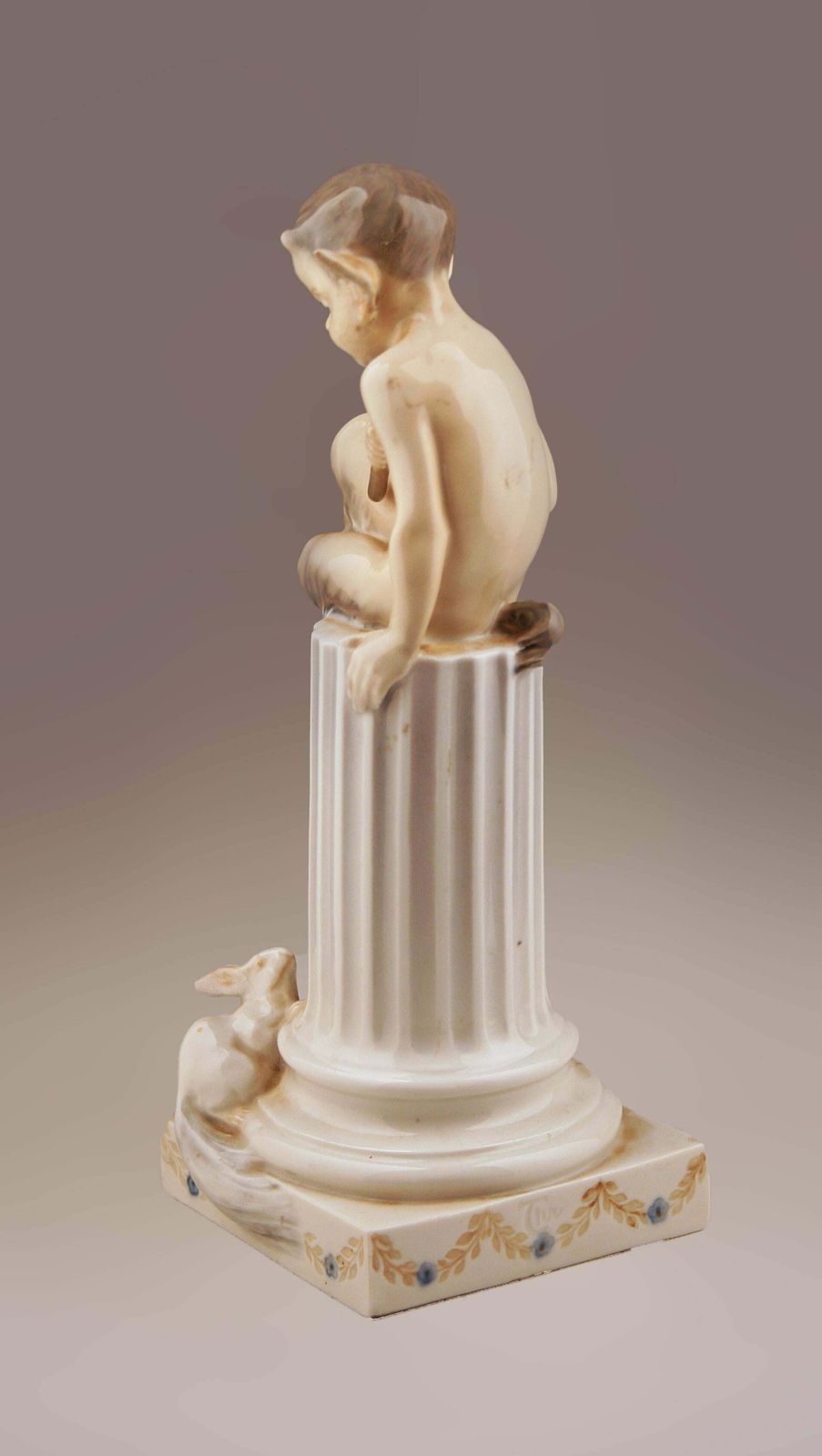 Mid 20th Century Danish Glazed Porcelain Sculpture Of Faun (Satyr) Sitting Over A Column And A Rabbit By Danish Firm Royal Copenhagen photo Home Decor