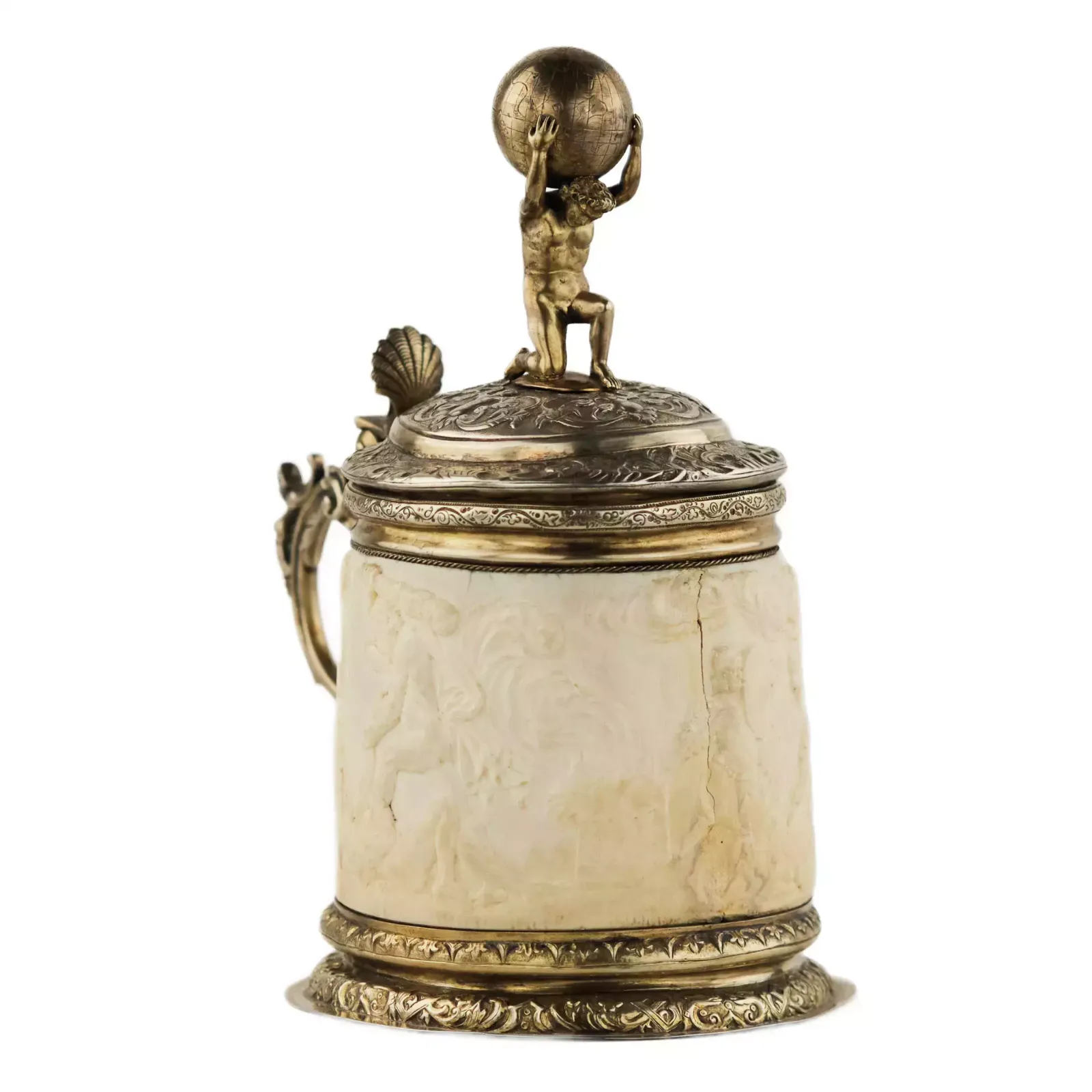 photo furniture Silver Beer Goblet With Atlas On The Lid And Religious Scenes On Ivory. Lubeck. 17th Century.