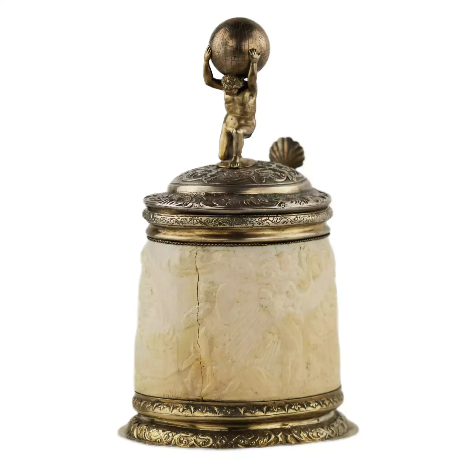 photo for sale Silver Beer Goblet With Atlas On The Lid And Religious Scenes On Ivory. Lubeck. 17th Century.