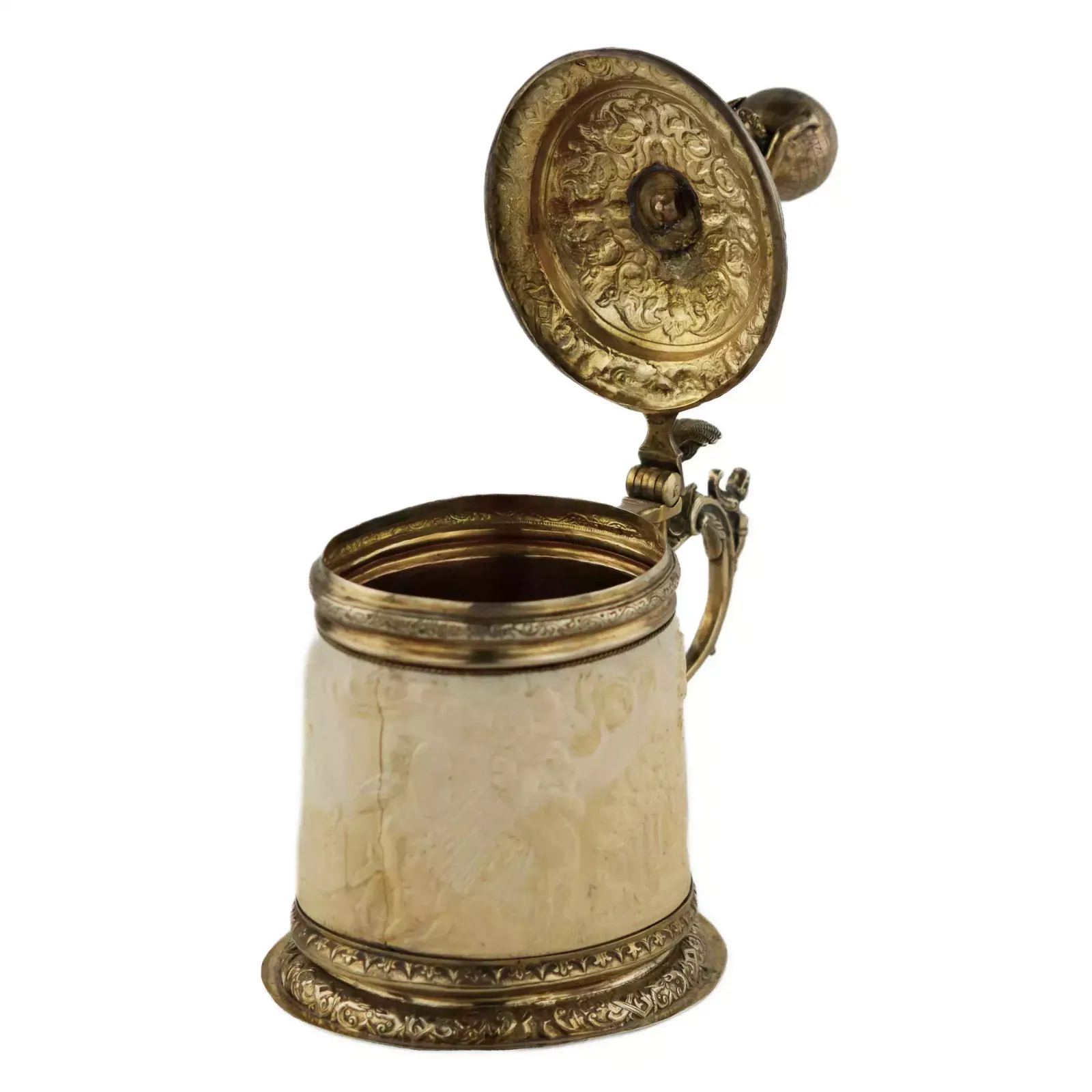 photo buy Silver Beer Goblet With Atlas On The Lid And Religious Scenes On Ivory. Lubeck. 17th Century.