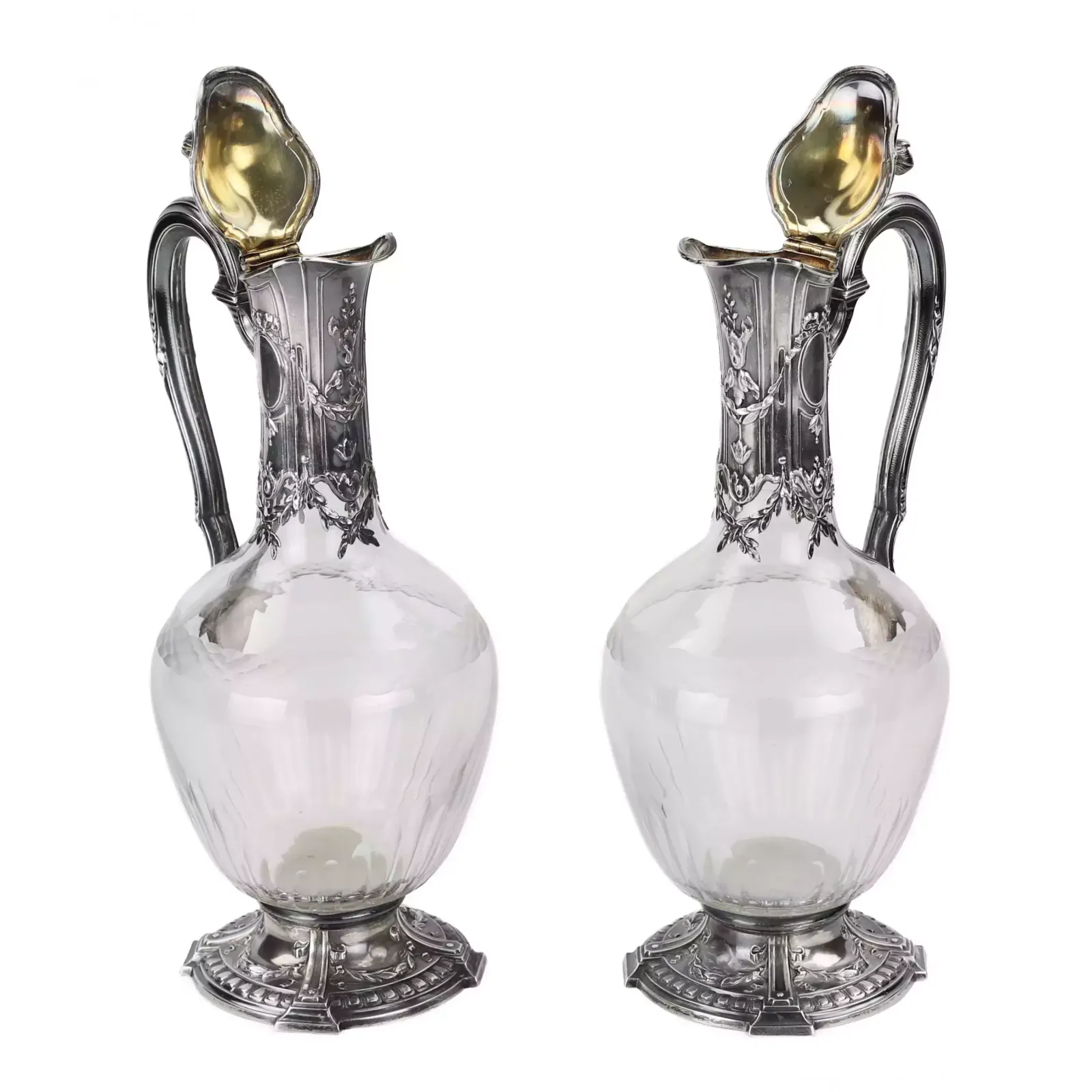 Pair Of French Glass Wine Jugs In Silver. 19th Century.