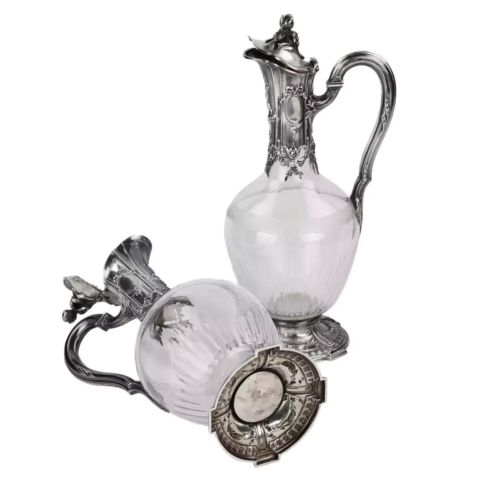 Pair Of French Glass Wine Jugs In Silver. 19th Century. photo for sale
