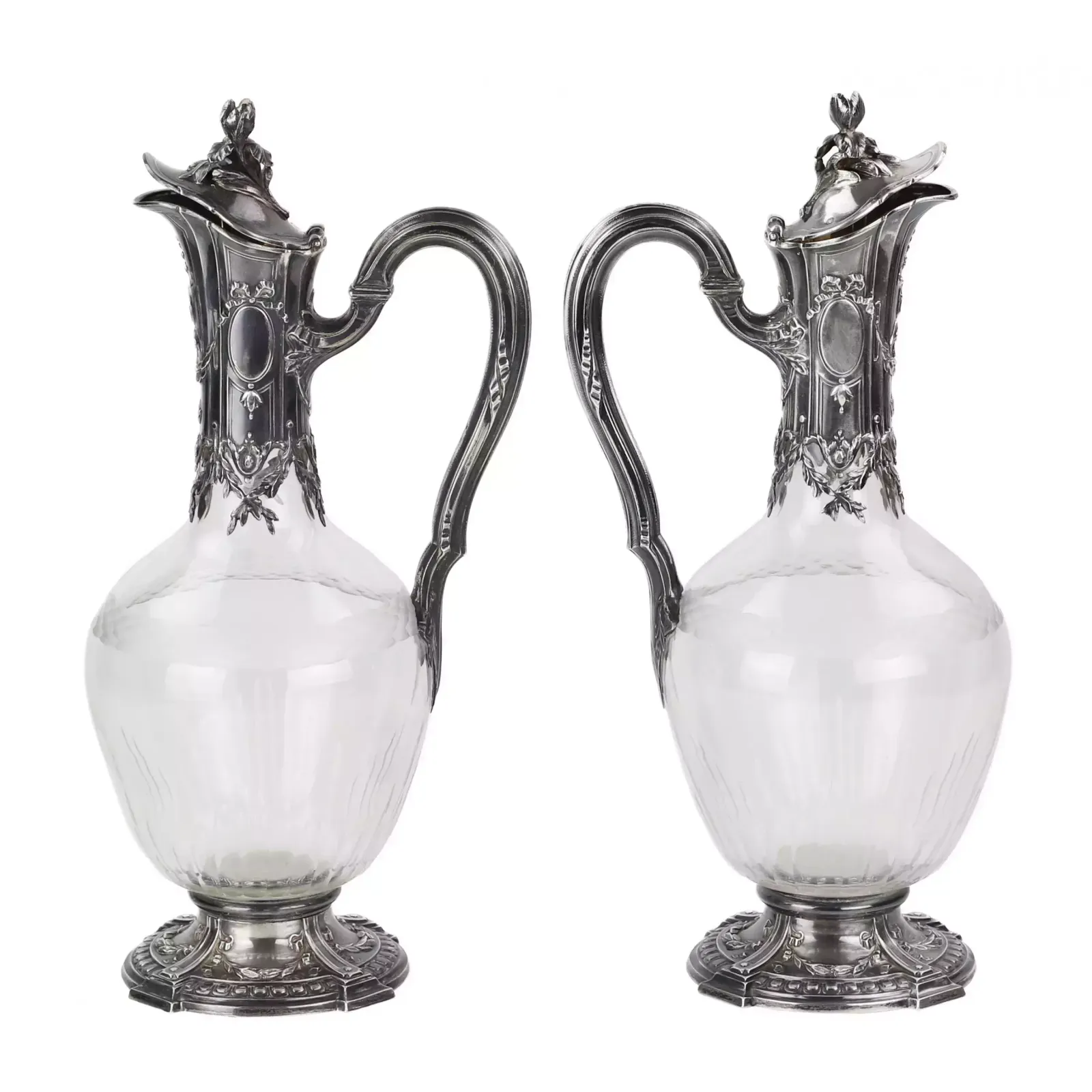 Pair Of French Glass Wine Jugs In Silver. 19th Century. photo buy