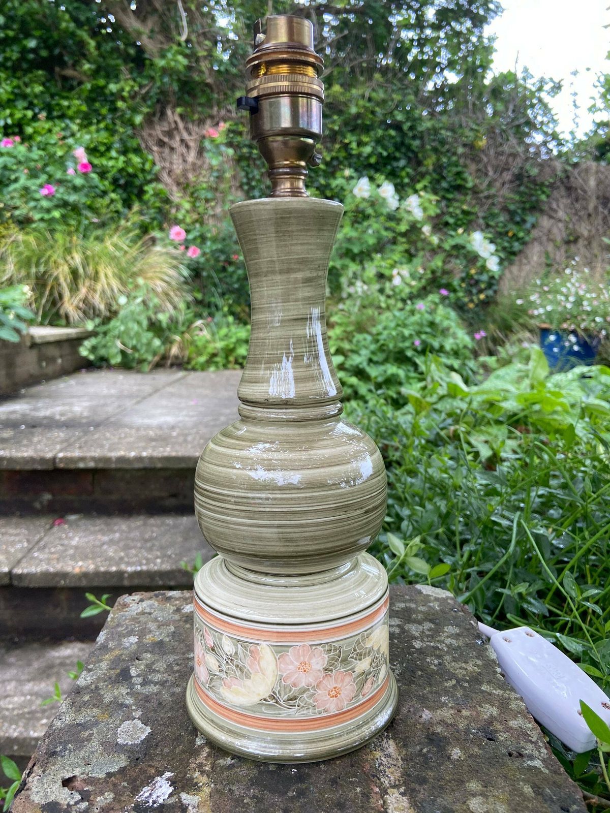 Vintage Jersey Pottery Green Table Lamp   Working Vintage Table Lamp, Green Ceramic With Hand Painted Flowers photo furniture