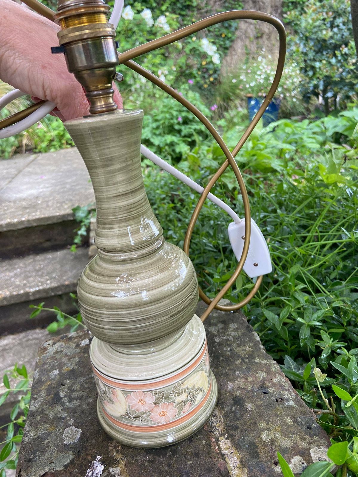 photo furniture Vintage Jersey Pottery Green Table Lamp   Working Vintage Table Lamp, Green Ceramic With Hand Painted Flowers