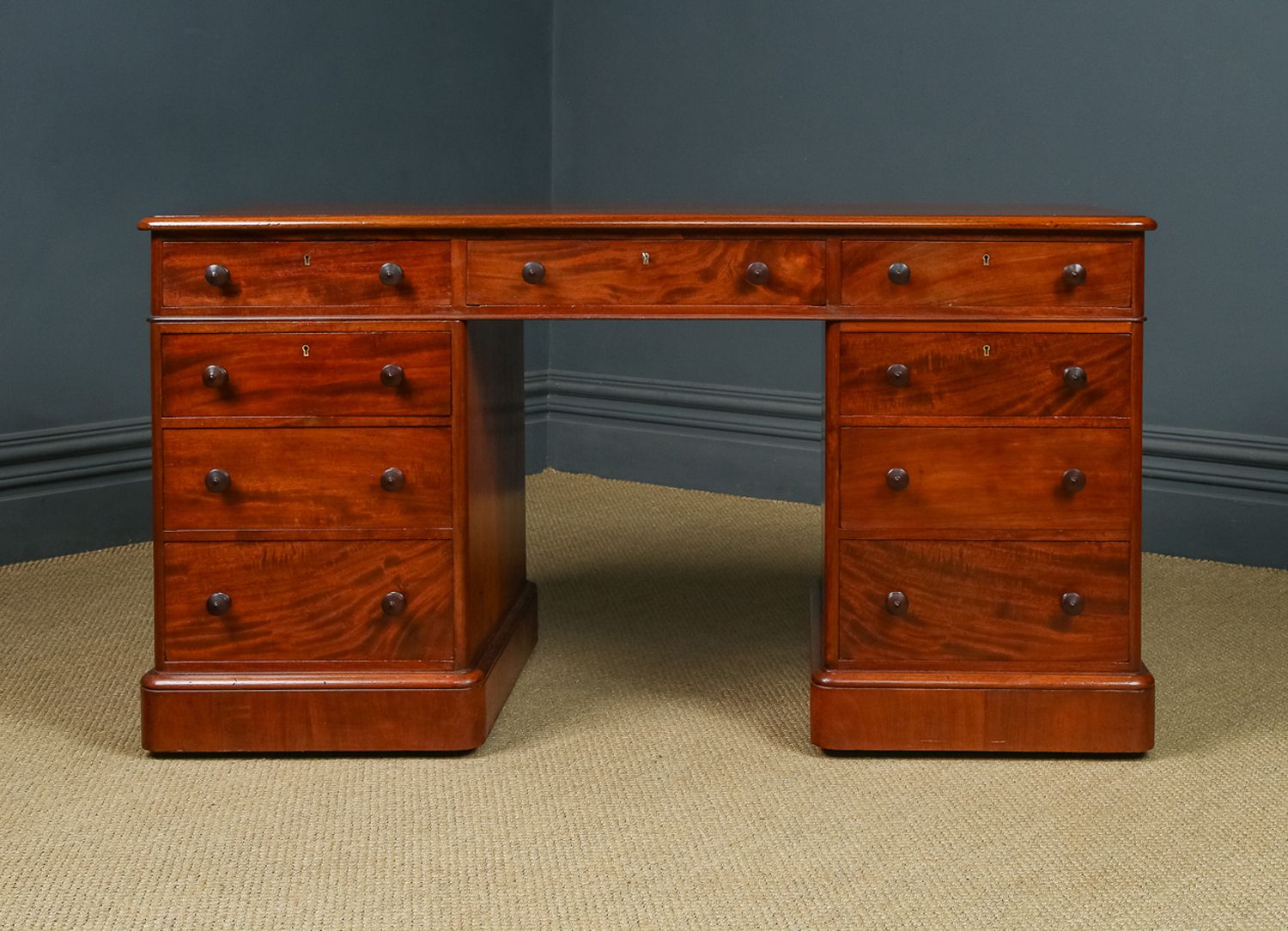 English Victorian 5ft Figured Mahogany Office Writing Pedestal Desk (Circa 1850) photo for sale