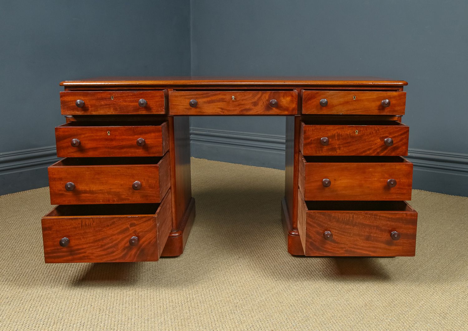 English Victorian 5ft Figured Mahogany Office Writing Pedestal Desk (Circa 1850) photo vinterior
