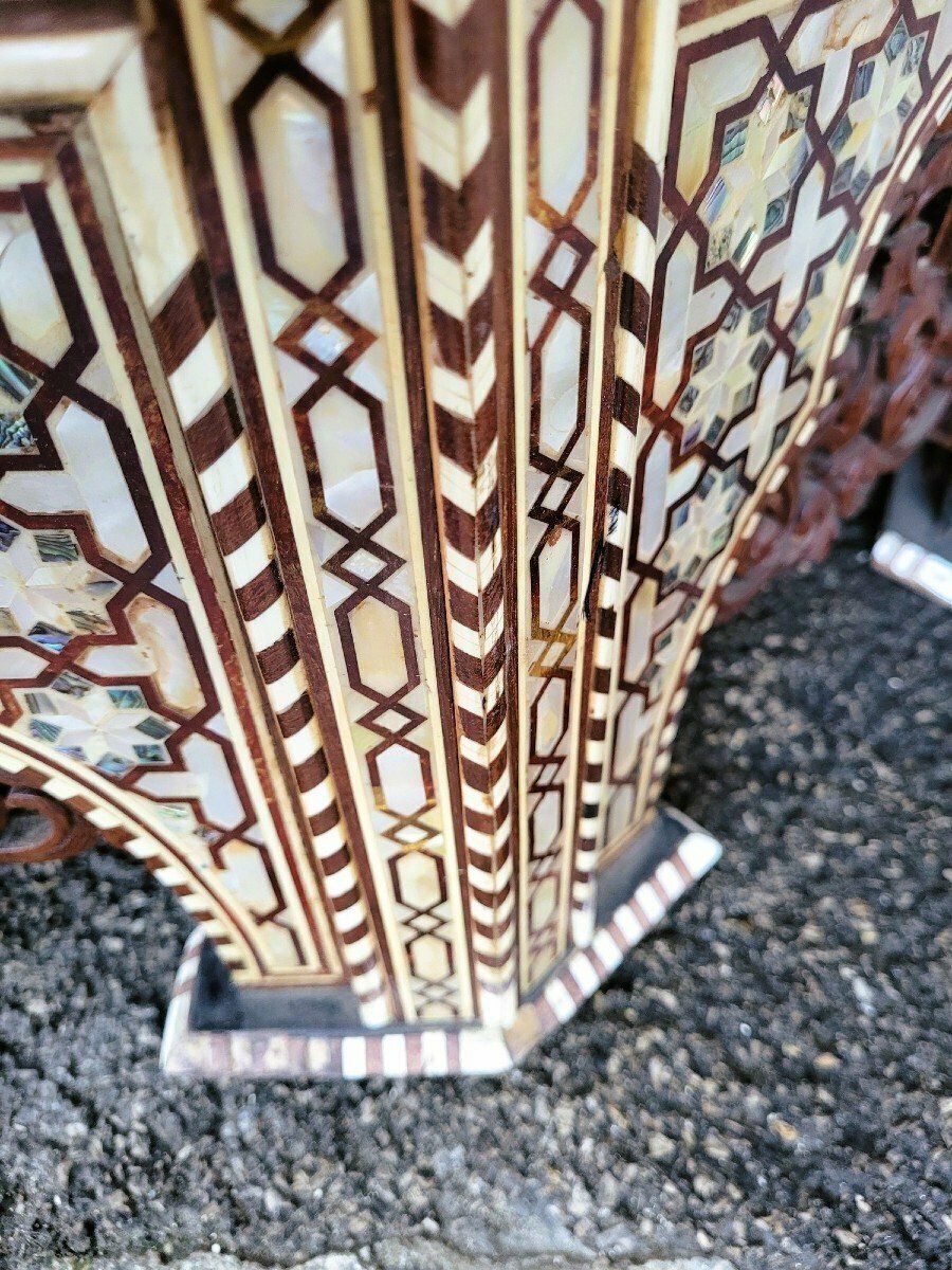 photo for sale Pair Of Tall And Large Oriental Pedestal Tables In Marquetry, 20th Century
