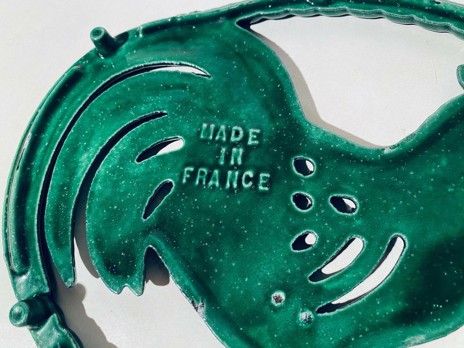 photo furniture Green Cast Iron Rooster Cock Trivet Pot Holder France / Vintage 1960s Kitchen Table