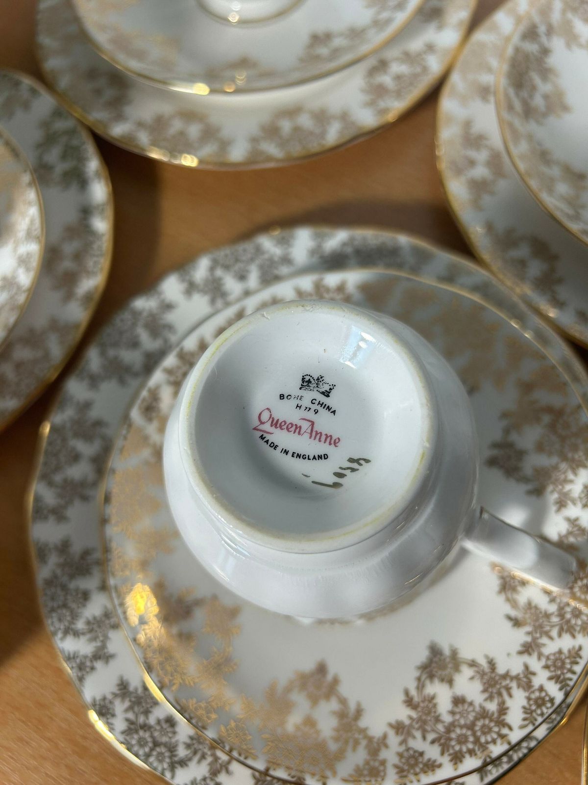 1950s Queen Anne Set Of Bone China Tea Set Made By Crown Regent Gold And White 20 Piece photo furniture